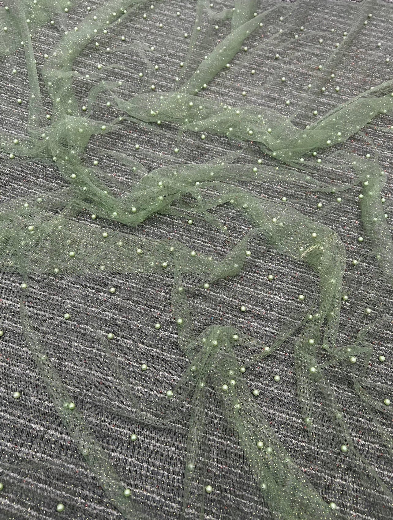 Sage Green Pearl Beaded Glittery Mesh/Tulle - Image 2