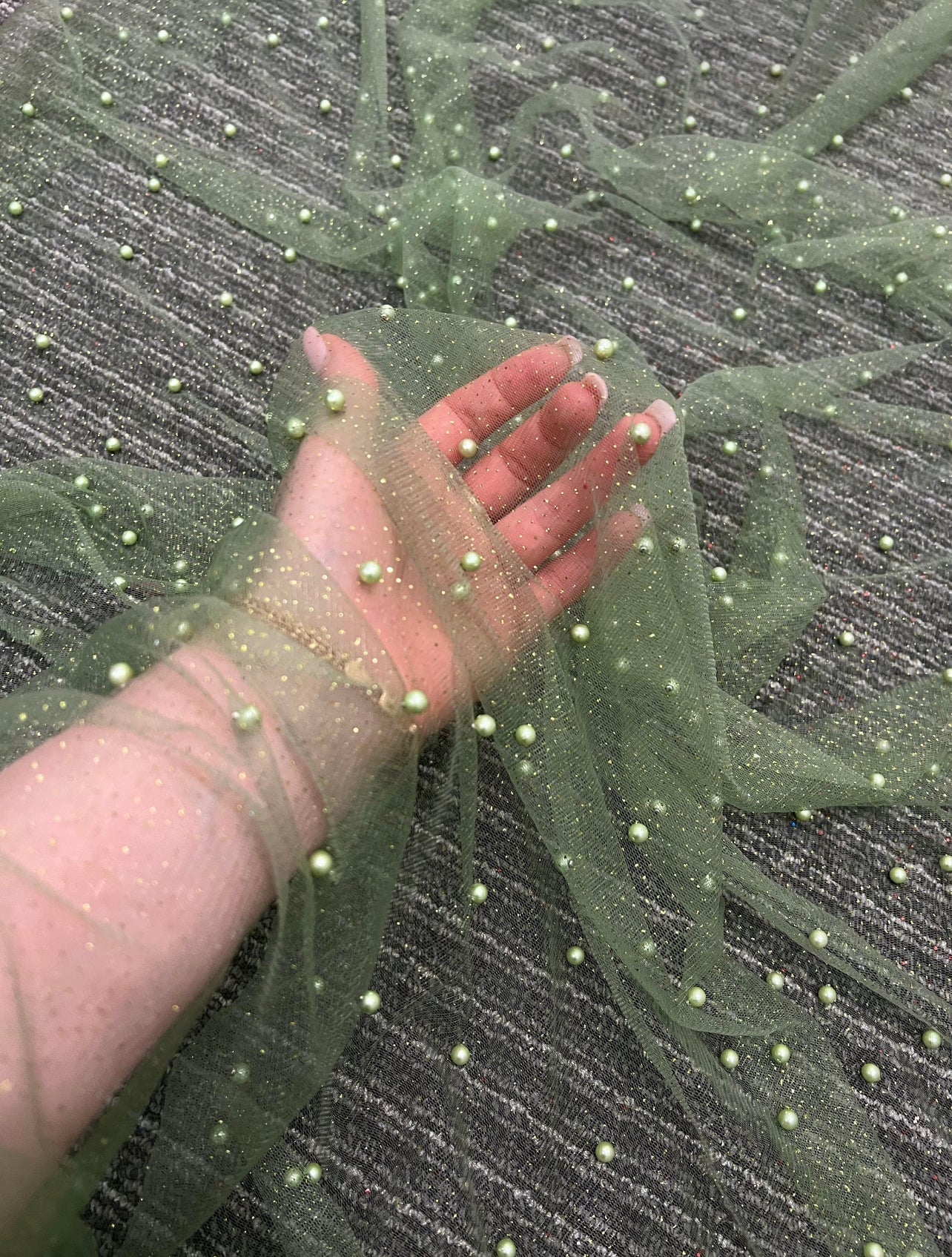 Sage Green Pearl Beaded Glittery Mesh/Tulle - Image 3