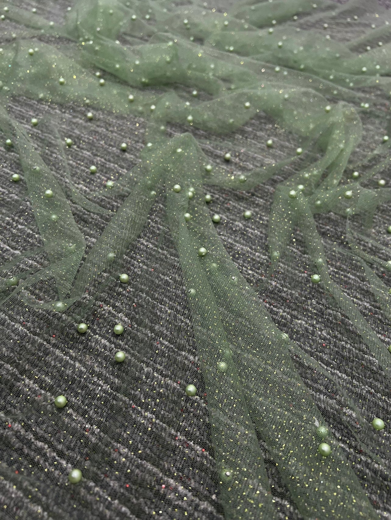 Sage Green Pearl Beaded Glittery Mesh/Tulle - Image 4