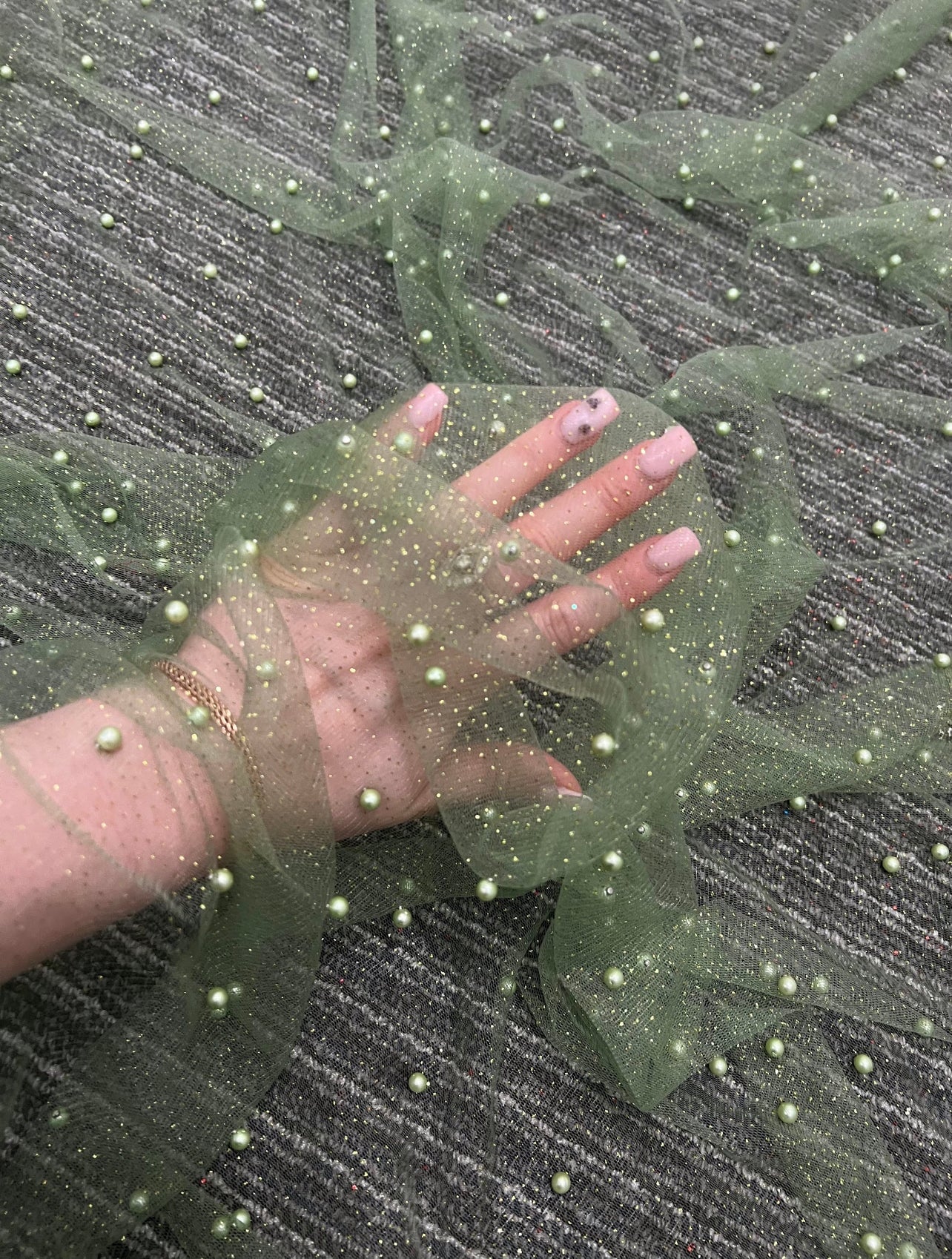 Sage Green Pearl Beaded Glittery Mesh/Tulle - Image 5