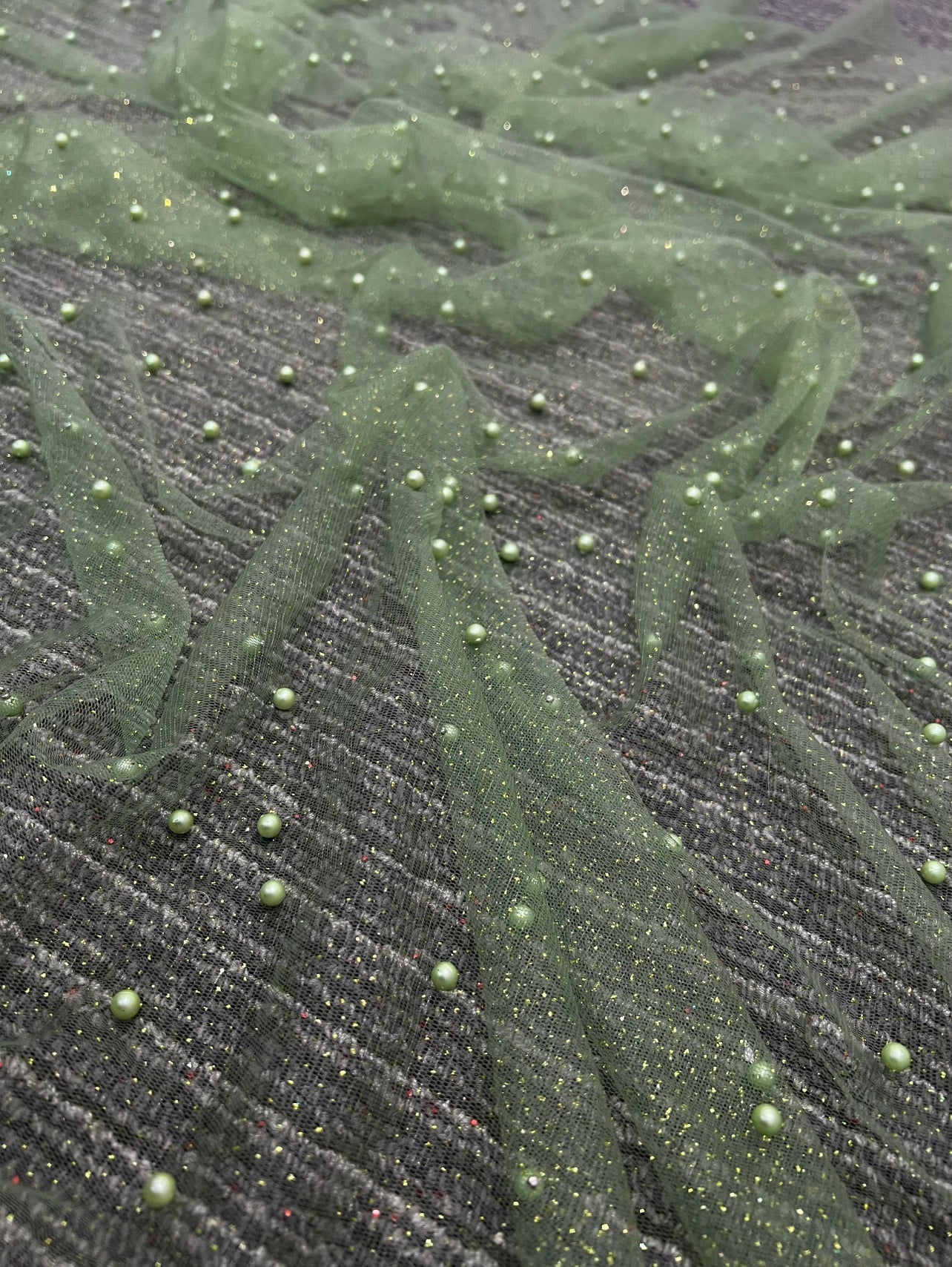 Sage Green Pearl Beaded Glittery Mesh/Tulle - Image 6
