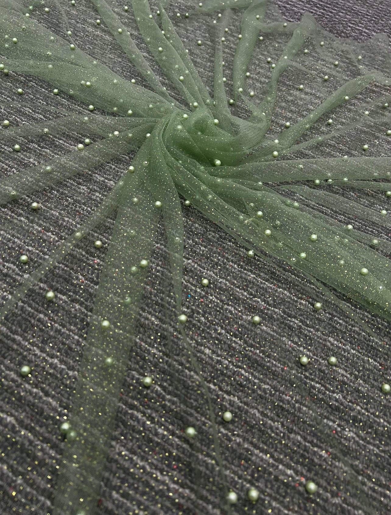 Sage Green Pearl Beaded Glittery Mesh/Tulle - Image 7