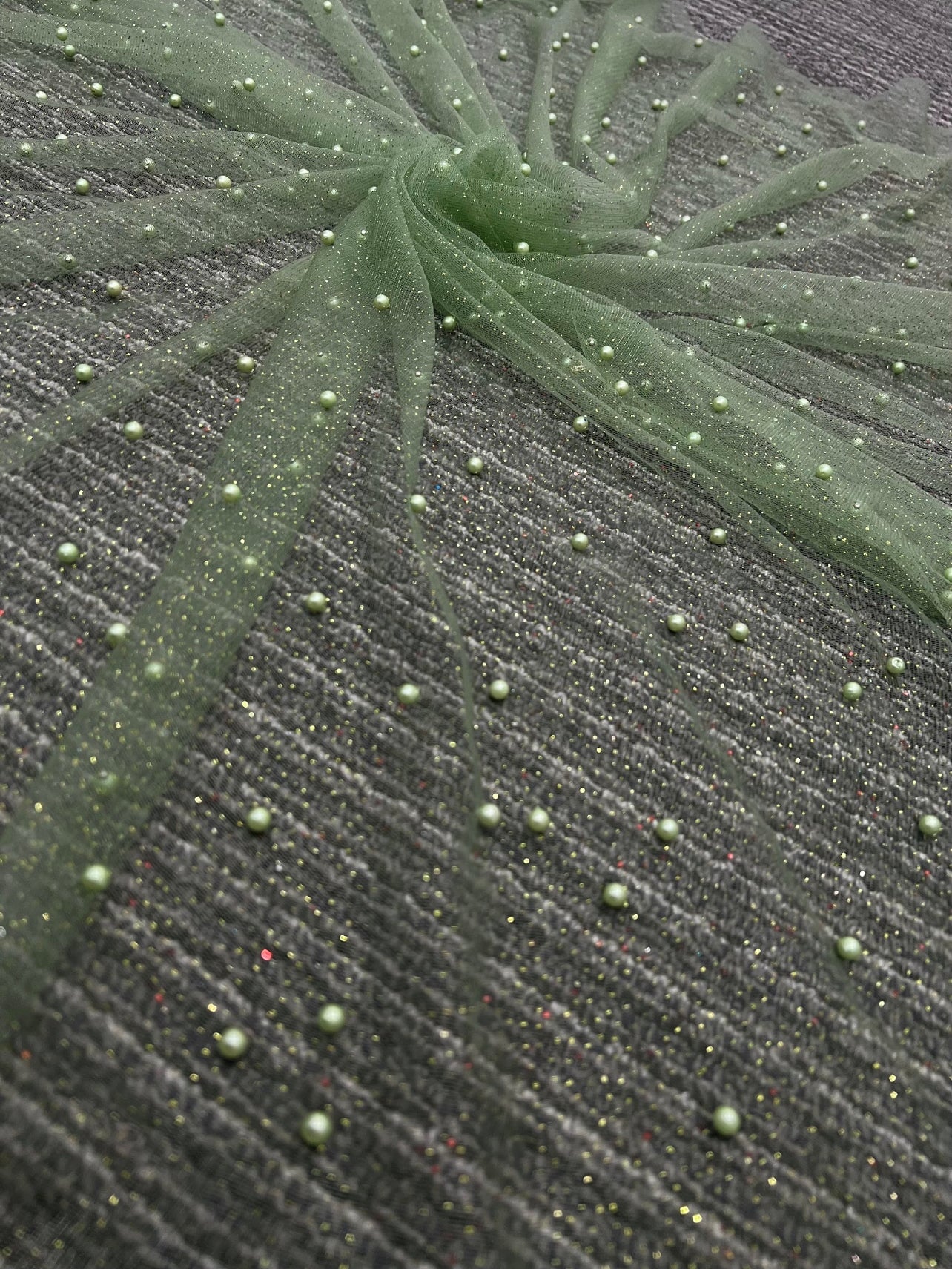 Sage Green Pearl Beaded Glittery Mesh/Tulle - Image 8