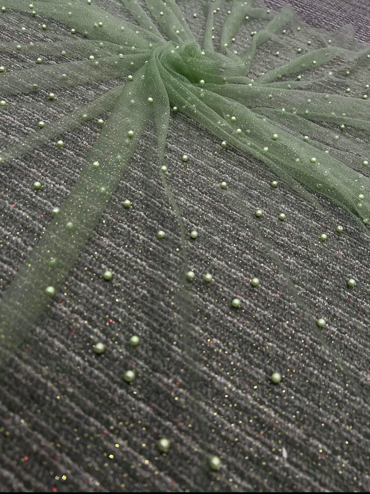 Sage Green Pearl Beaded Glittery Mesh/Tulle - Image 9