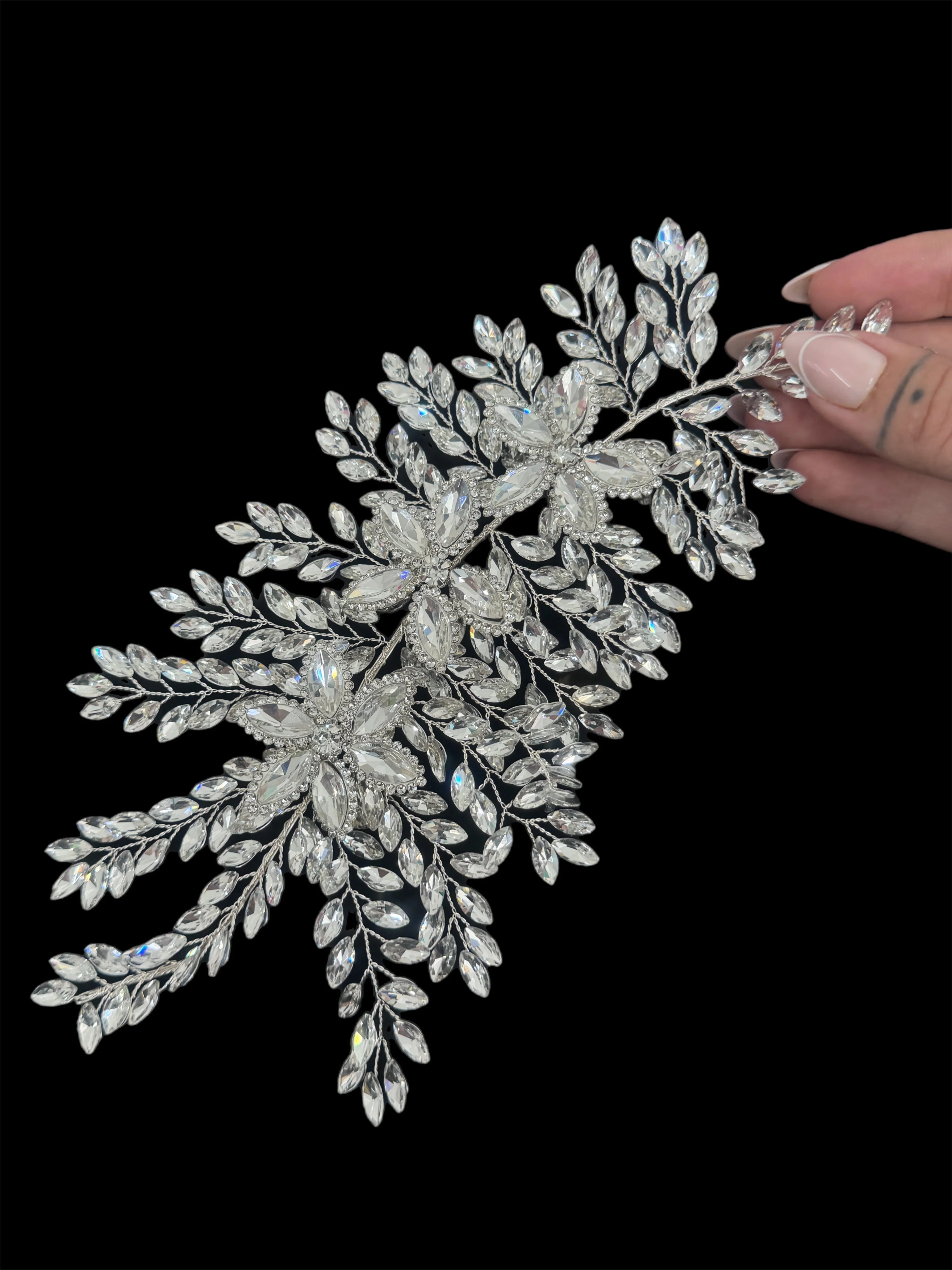 Louise Silver Bridal Leaves Rhinestone Applique - Image 4