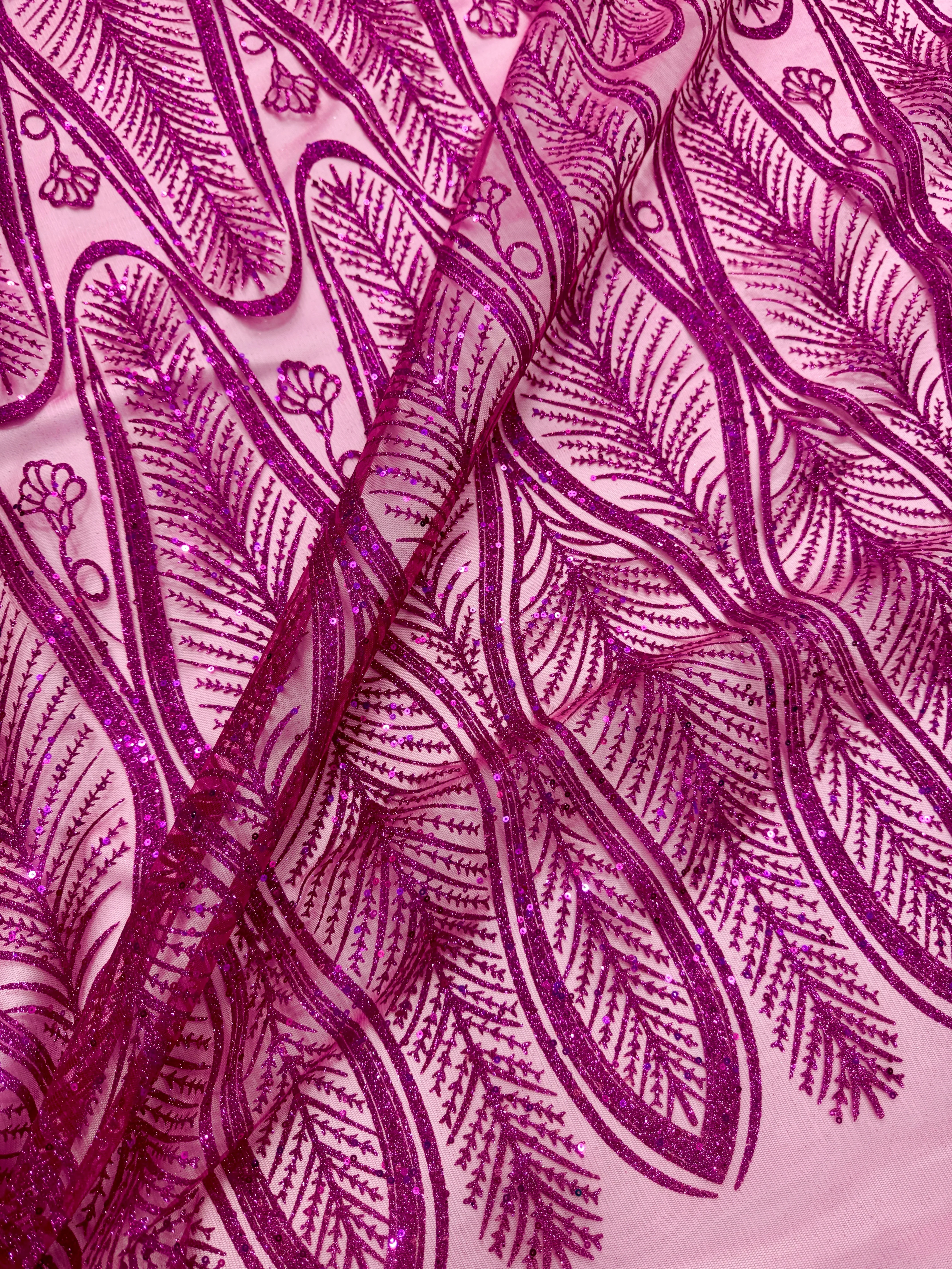 Magenta Glitter Sequin Geometric Lace - Image 2