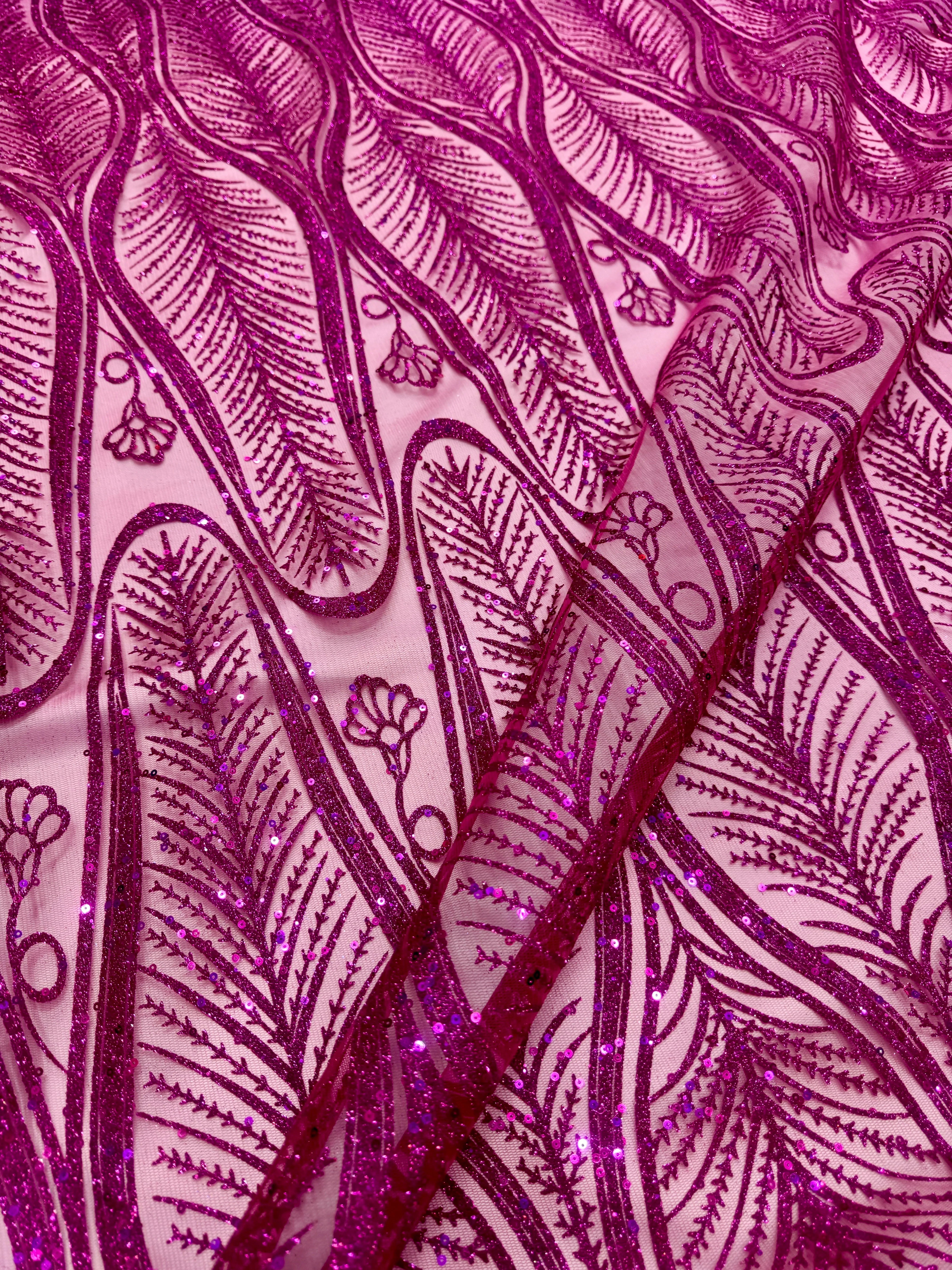 Magenta Glitter Sequin Geometric Lace - Image 7