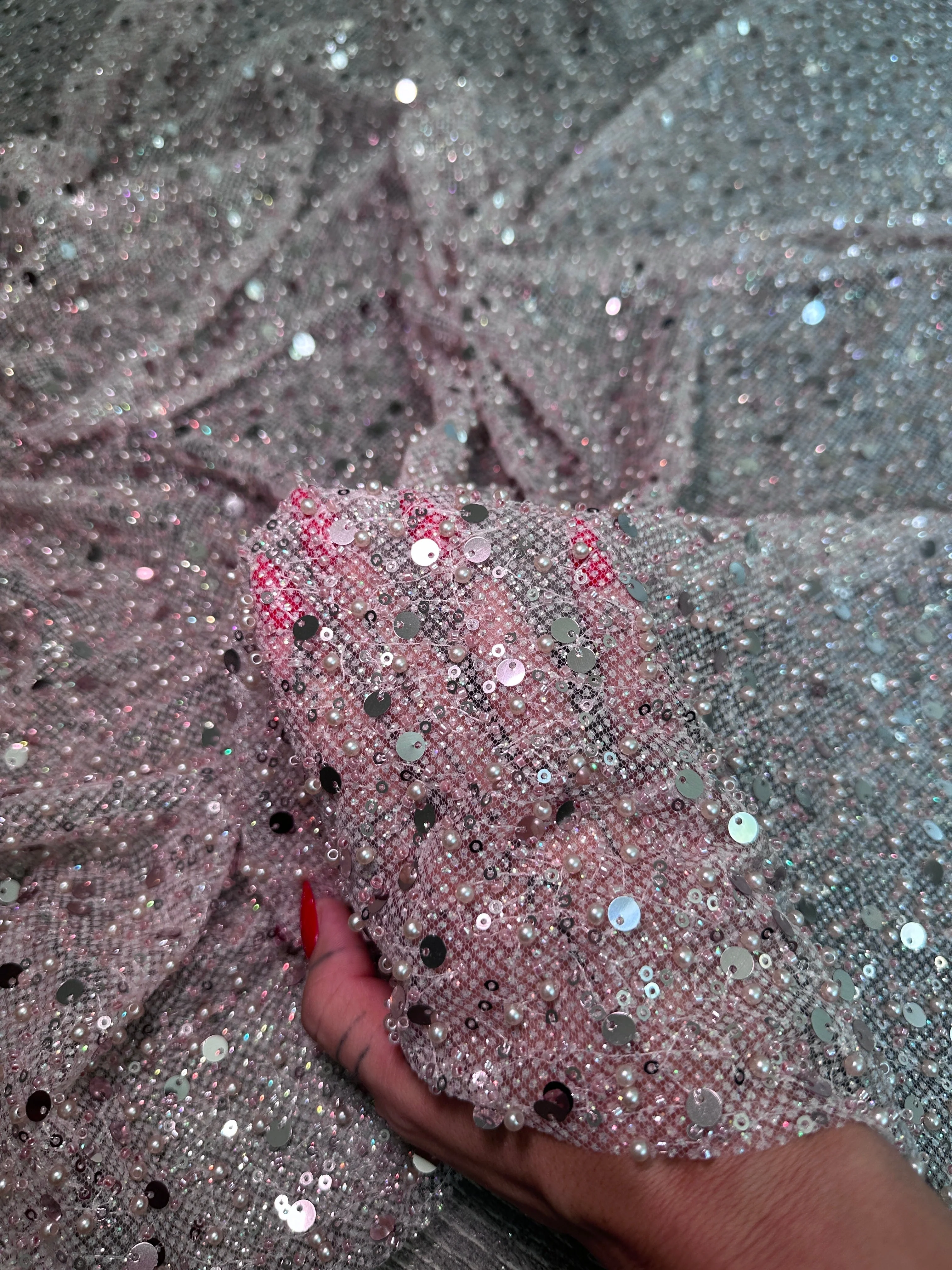 Mauve Sequin Pearl Beaded Mesh - Image 3