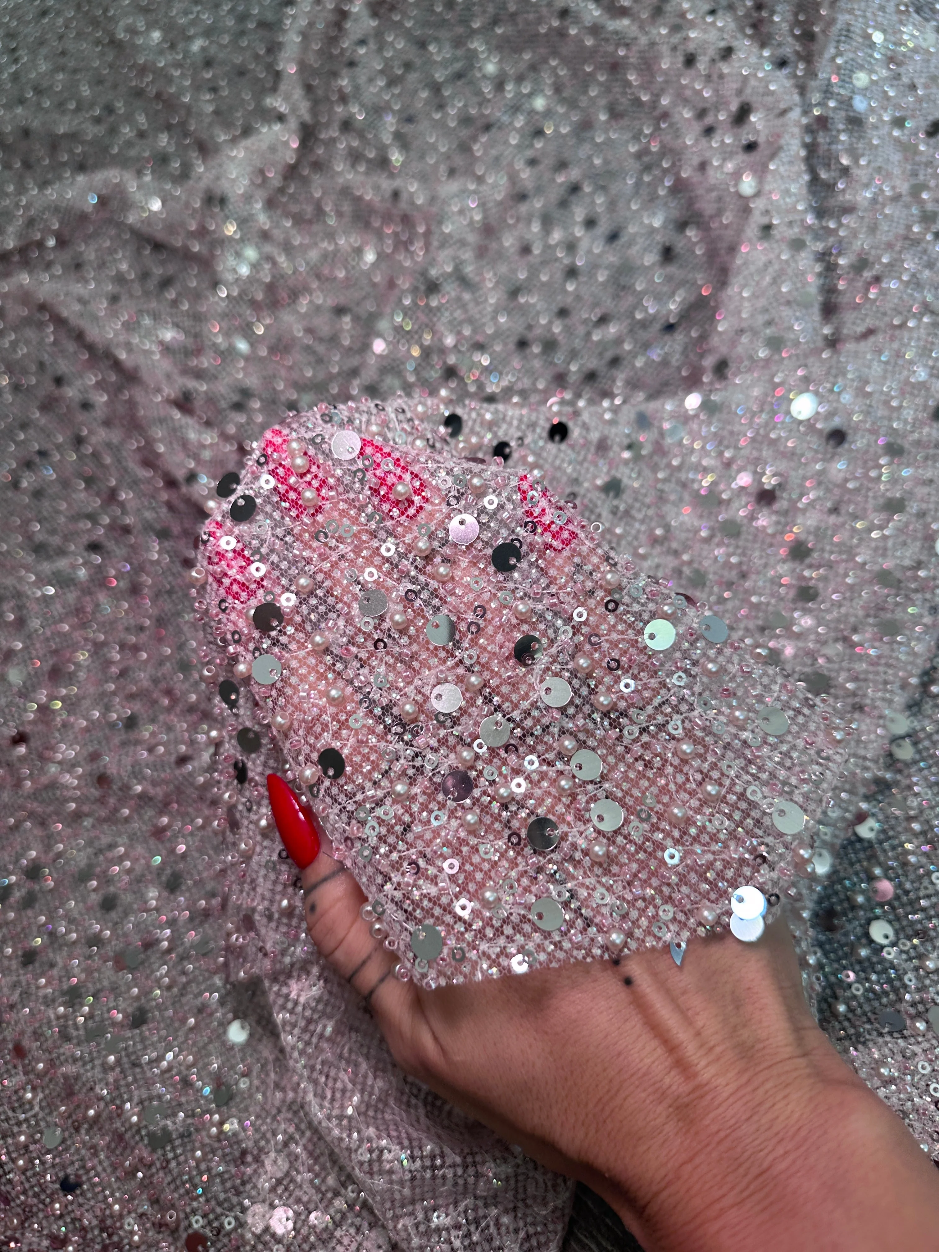 Mauve Sequin Pearl Beaded Mesh - Image 5