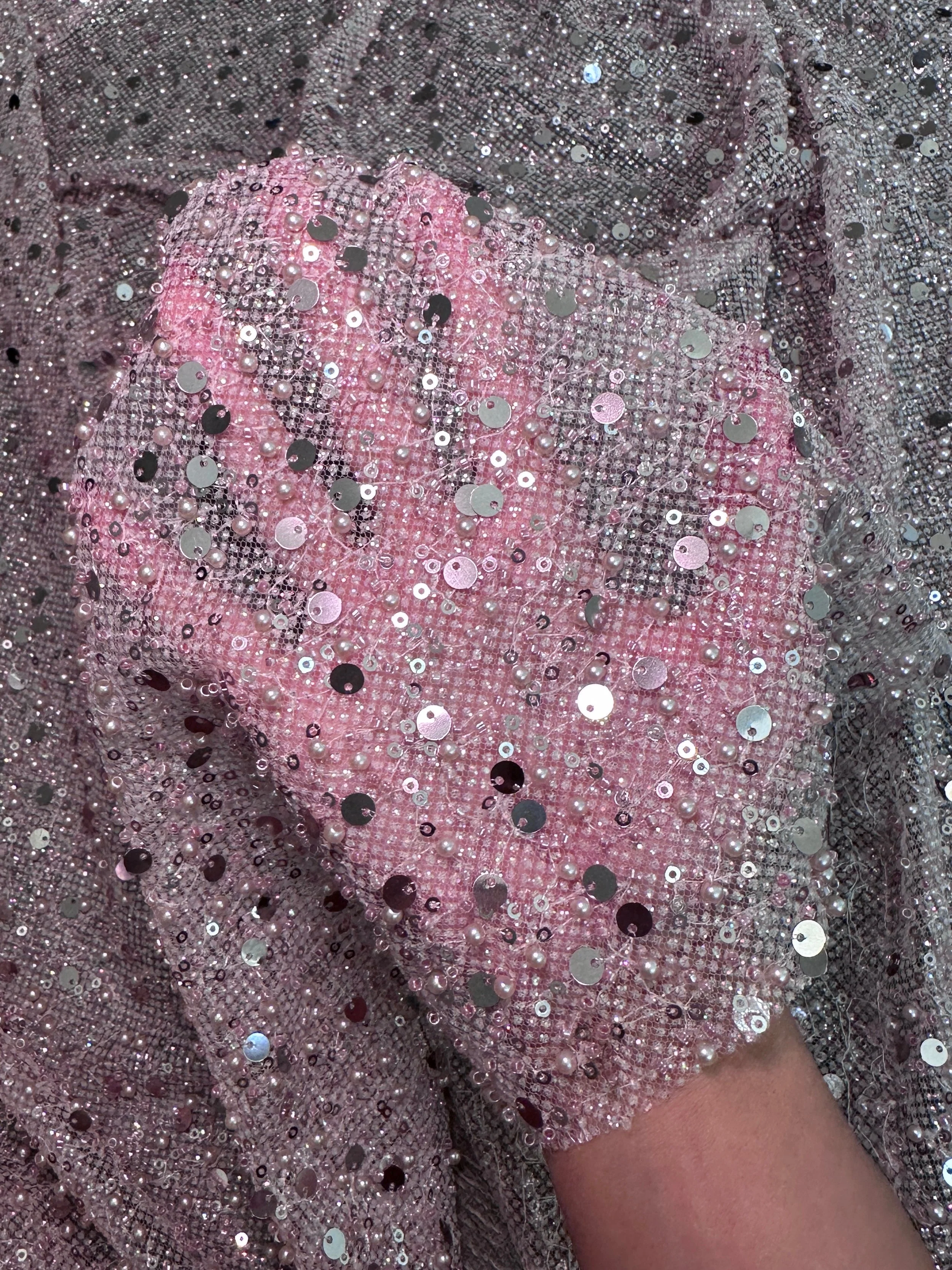 Mauve Sequin Pearl Beaded Mesh - Image 6