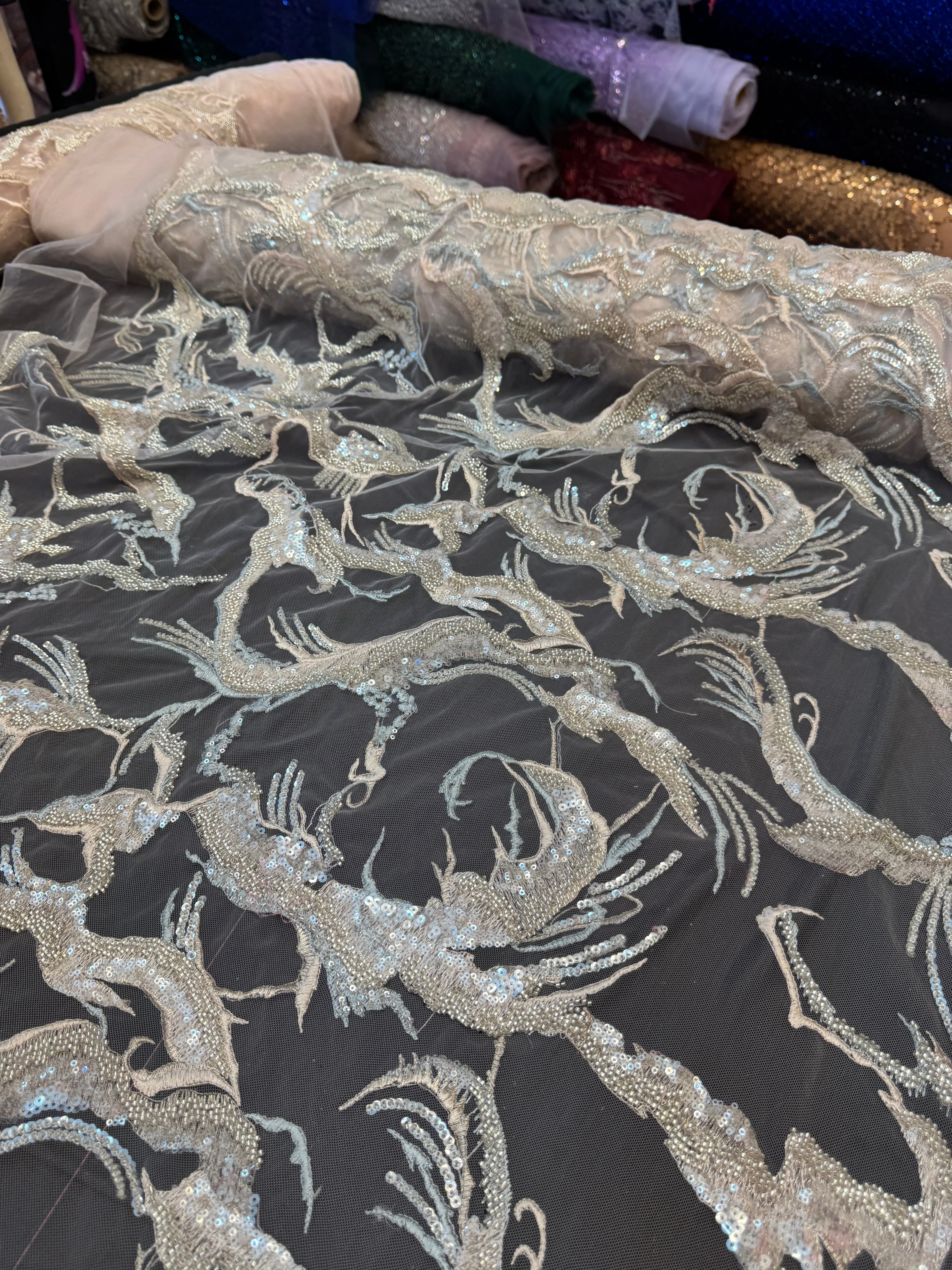 Mint-Champagne Couture Vine Sequin Embroidered Mesh Lace