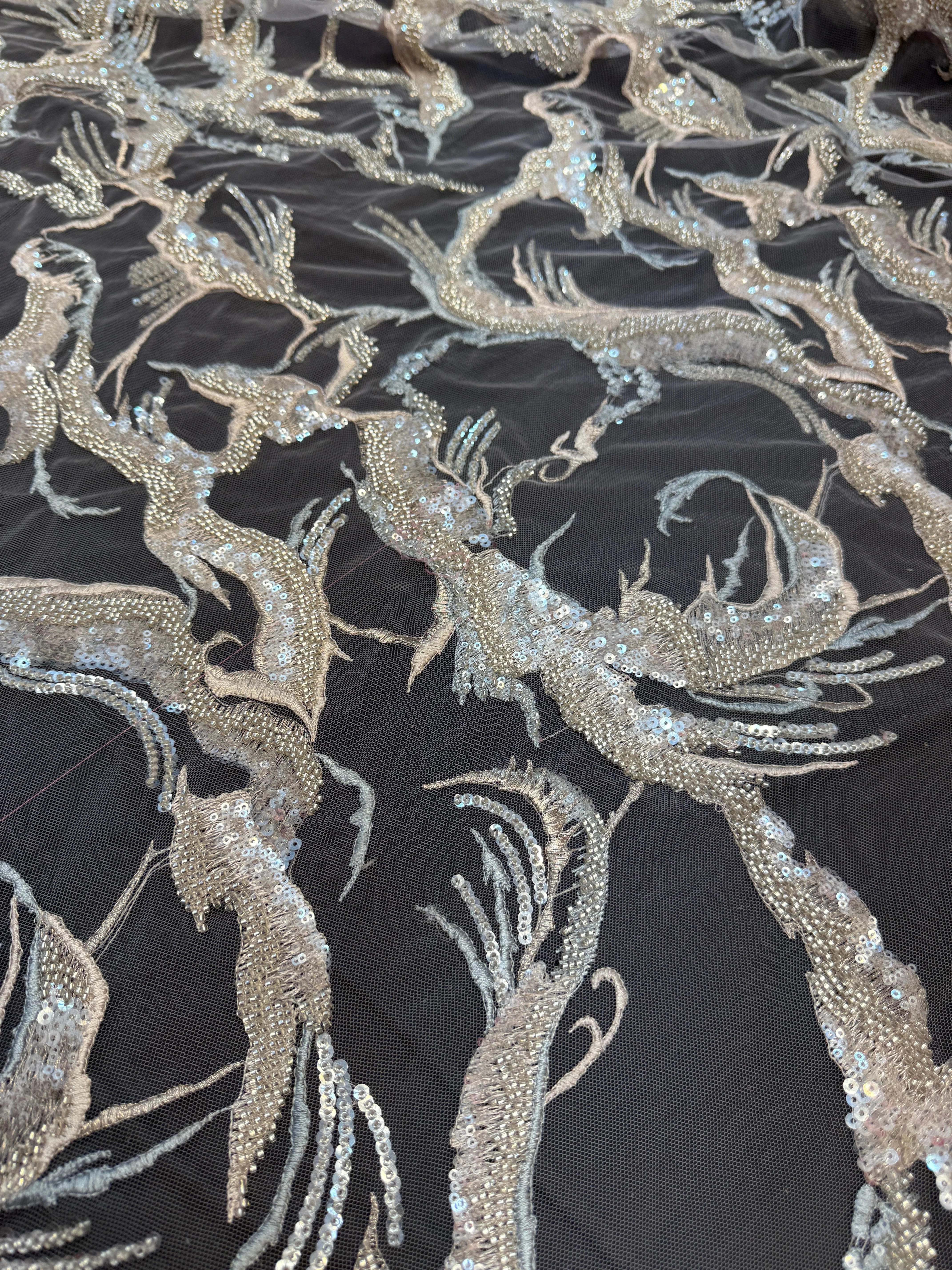 Mint-Champagne Couture Vine Sequin Embroidered Mesh Lace - Image 2