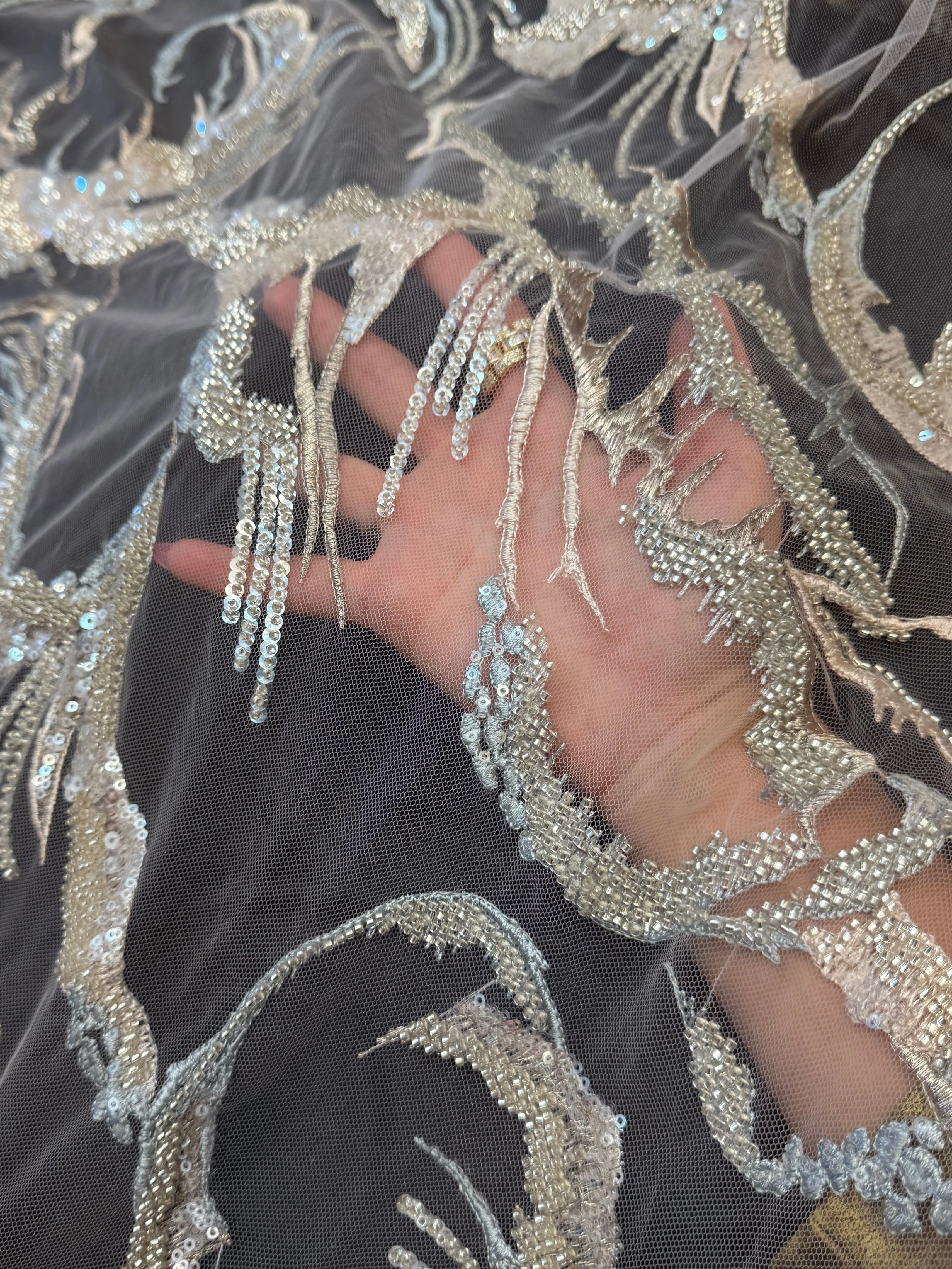 Mint-Champagne Couture Vine Sequin Embroidered Mesh Lace - Image 6