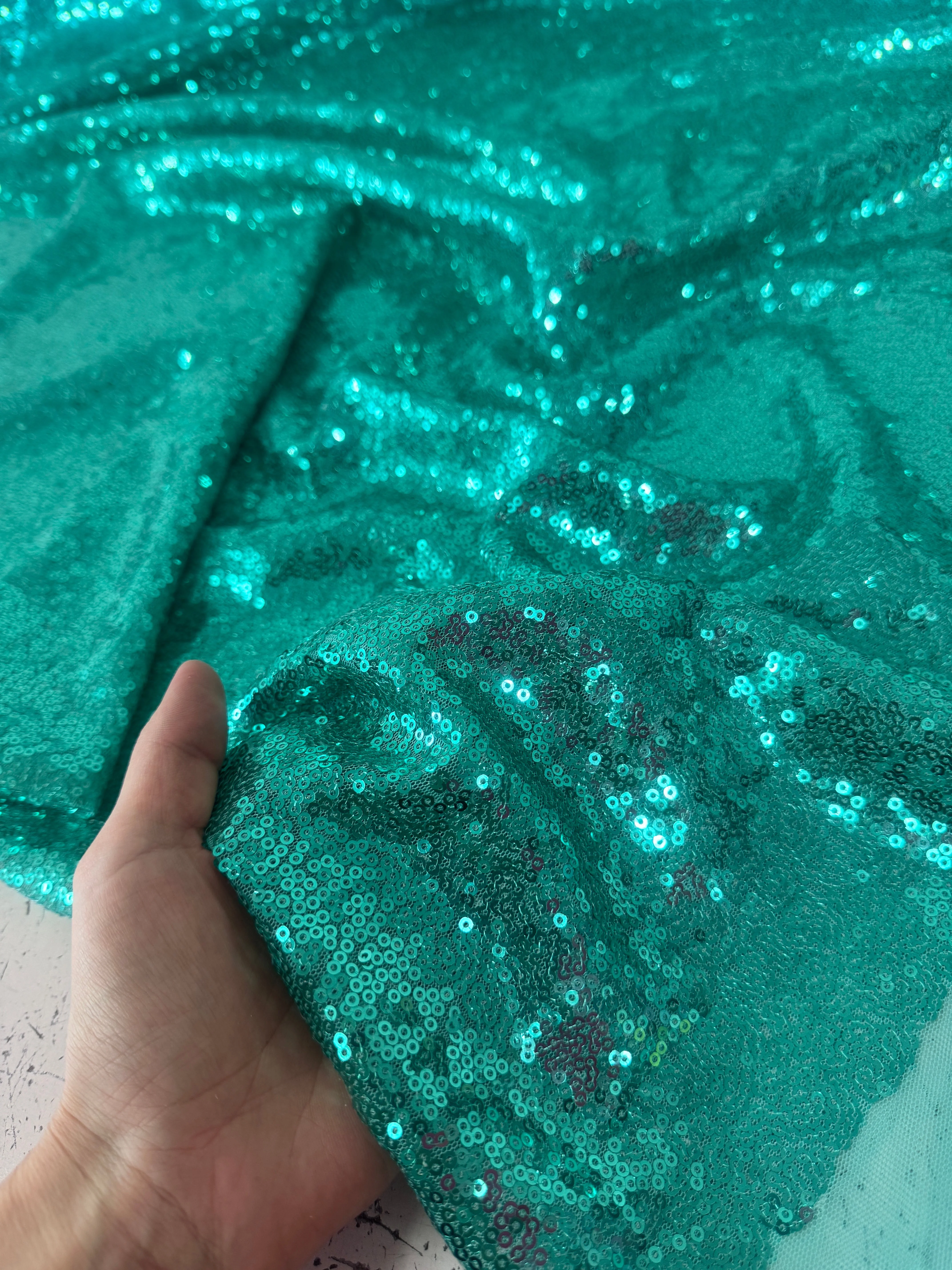 Mint Green Stretch Sequin on Mesh - Image 4