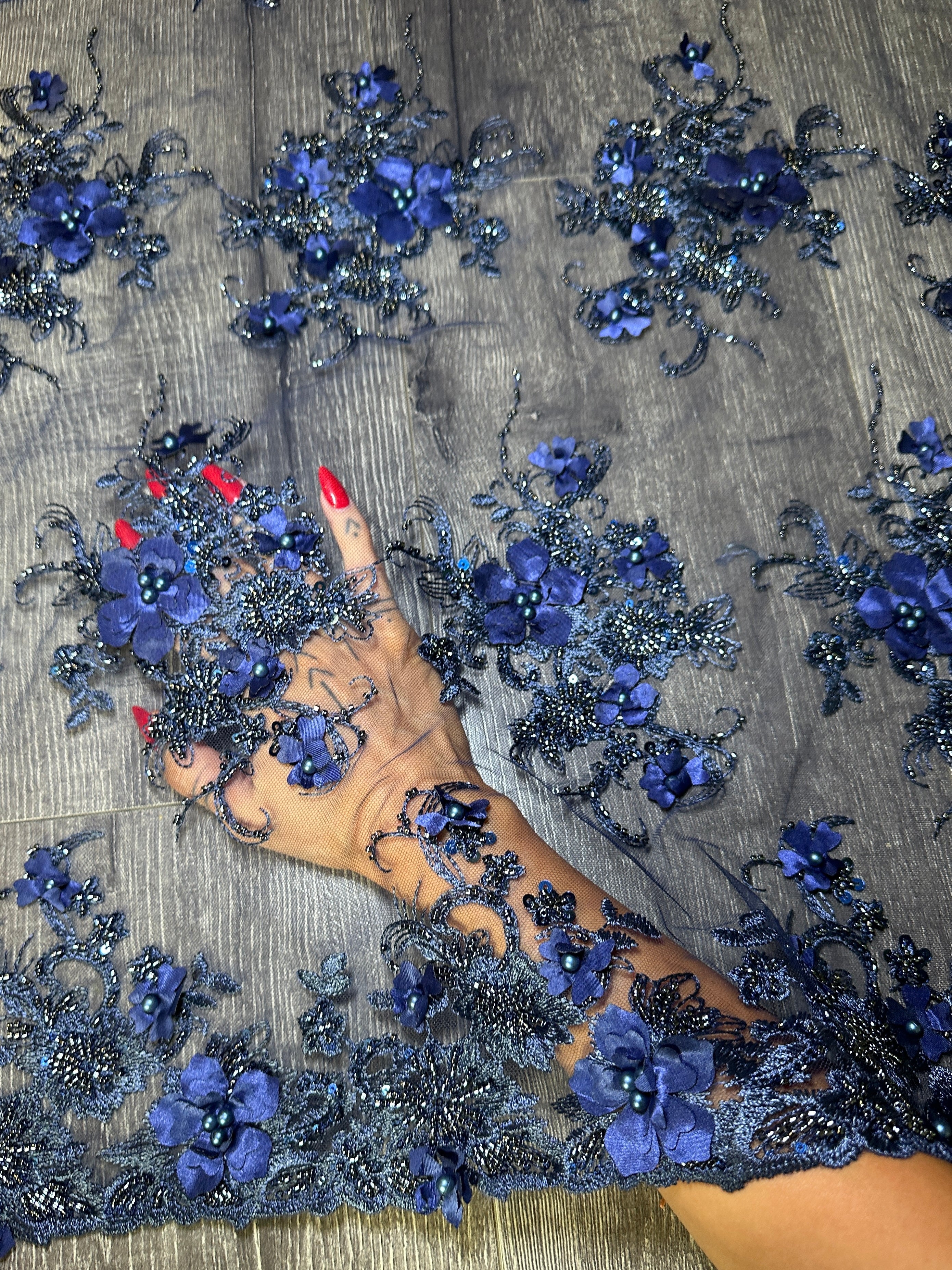 Navy 3D Floral Embroidered Beaded Tulle Lace