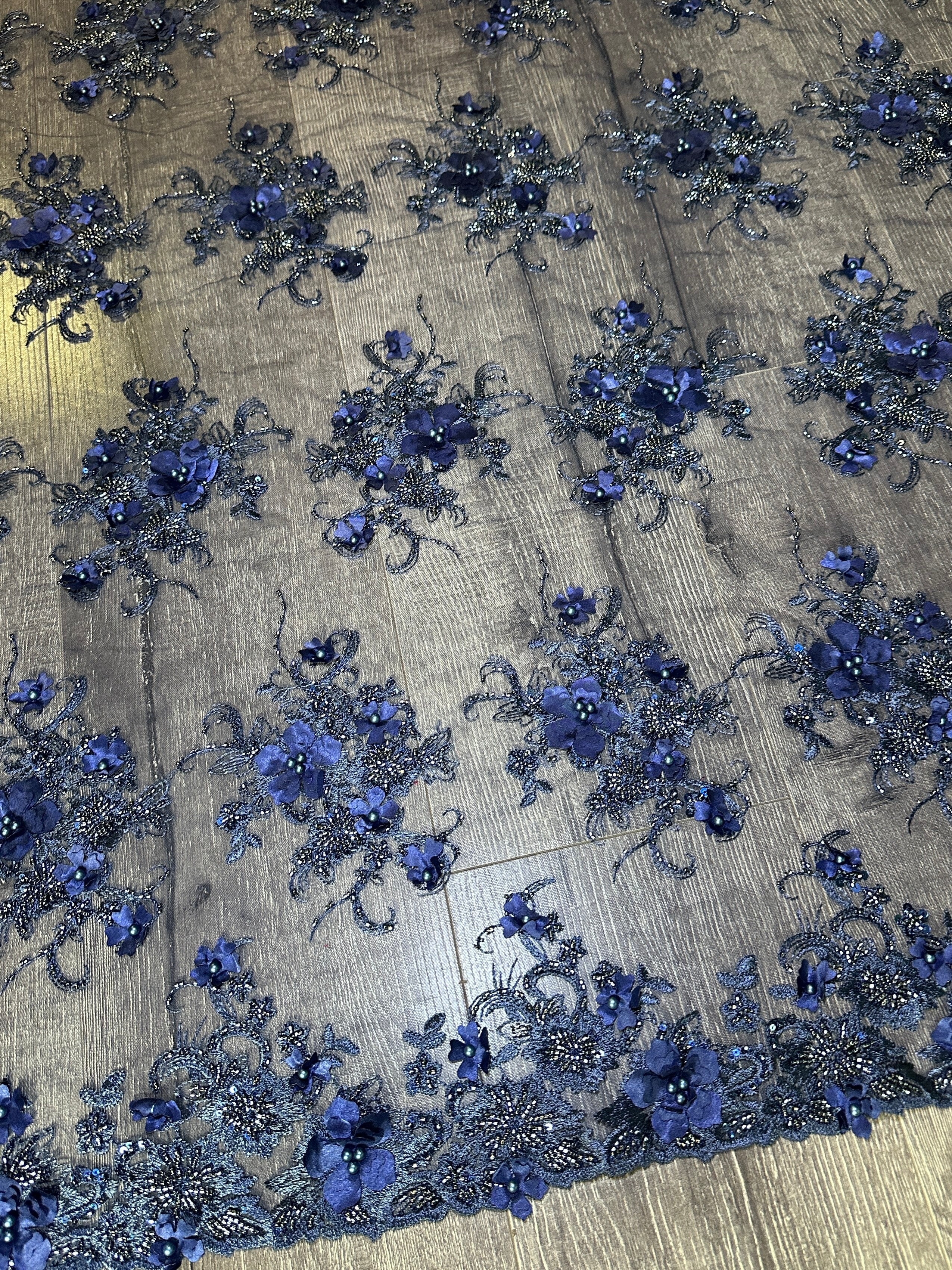 Navy 3D Floral Embroidered Beaded Tulle Lace - Image 10