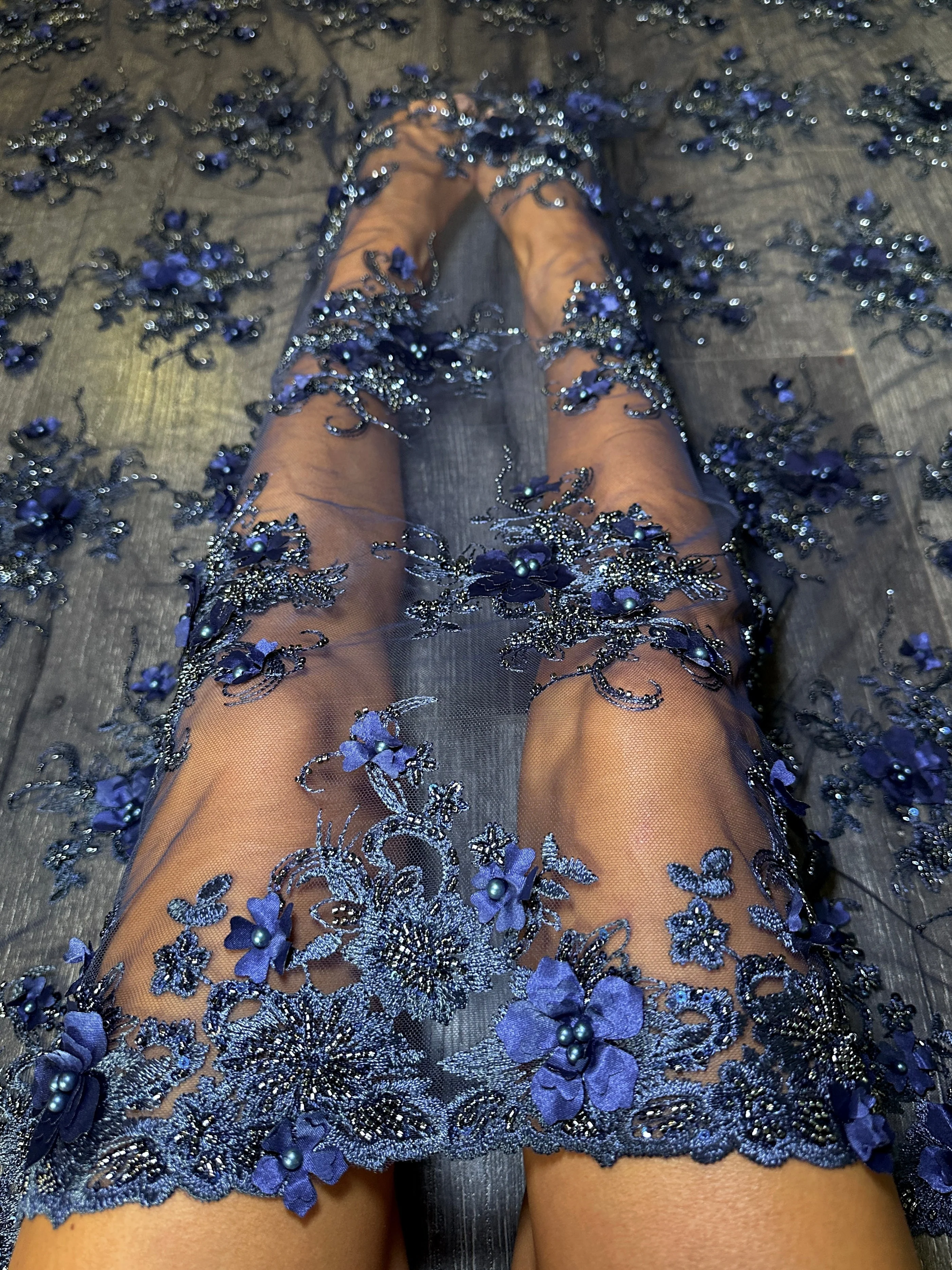 Navy 3D Floral Embroidered Beaded Tulle Lace - Image 11