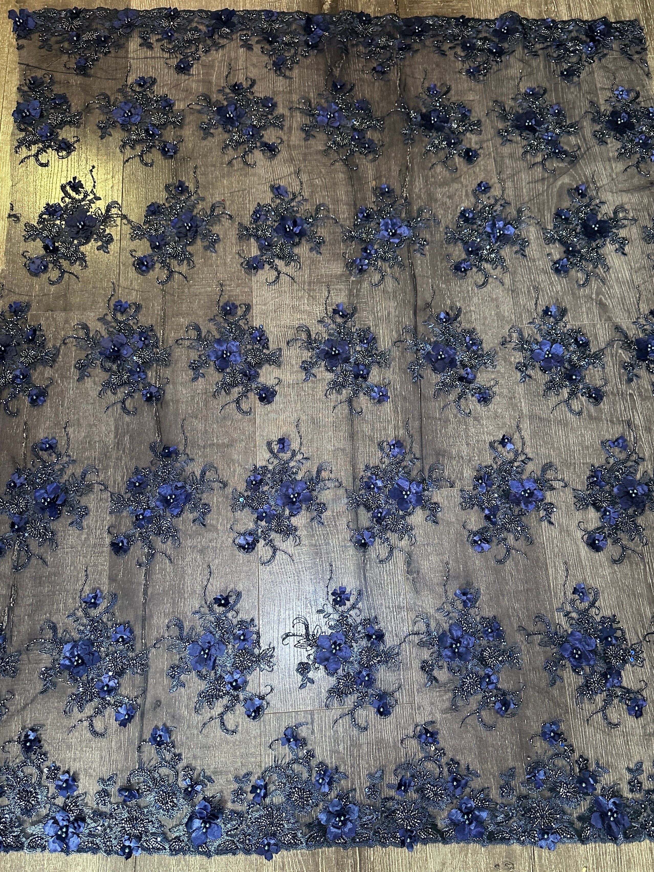 Navy 3D Floral Embroidered Beaded Tulle Lace - Image 2