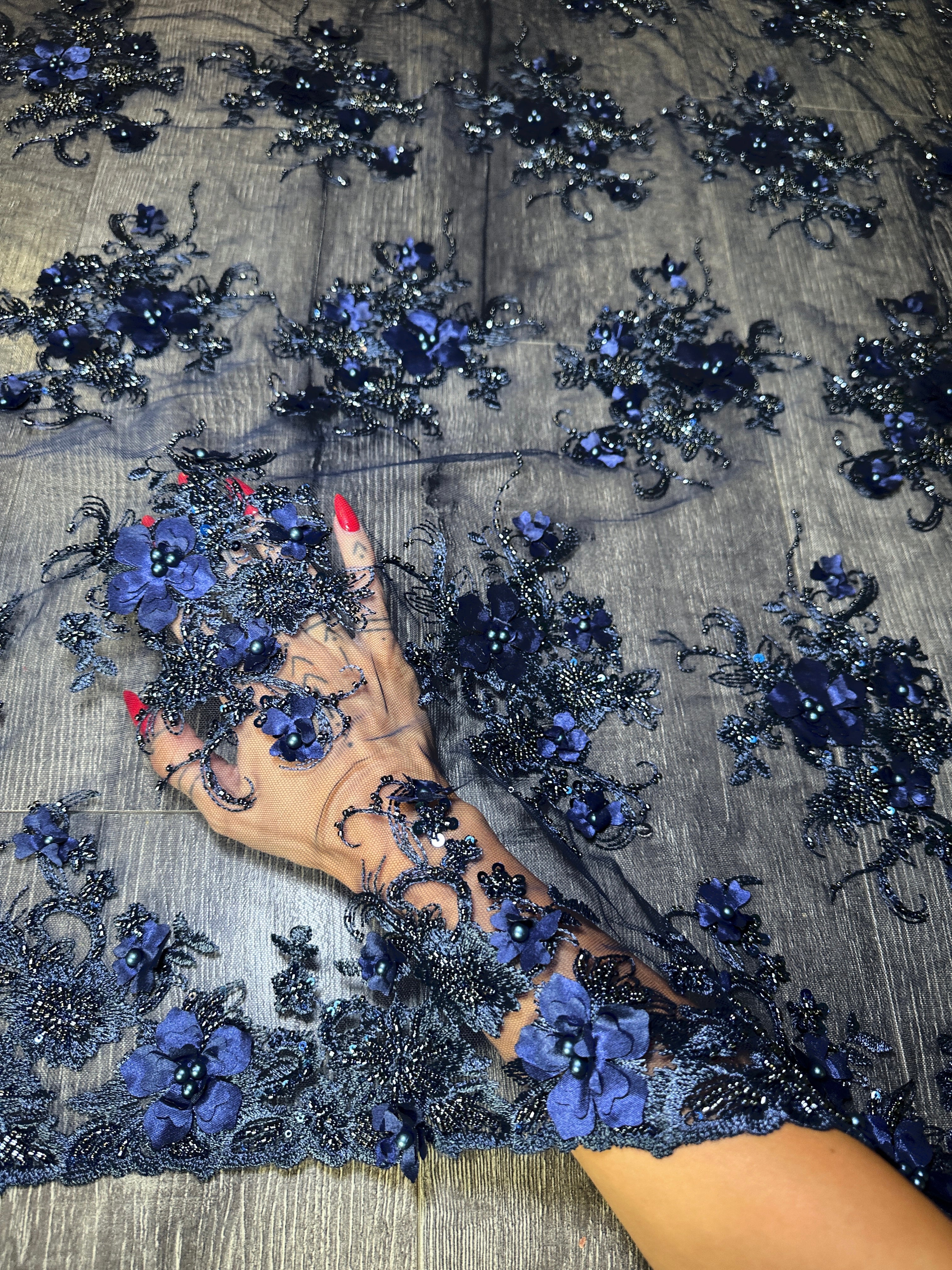 Navy 3D Floral Embroidered Beaded Tulle Lace - Image 3