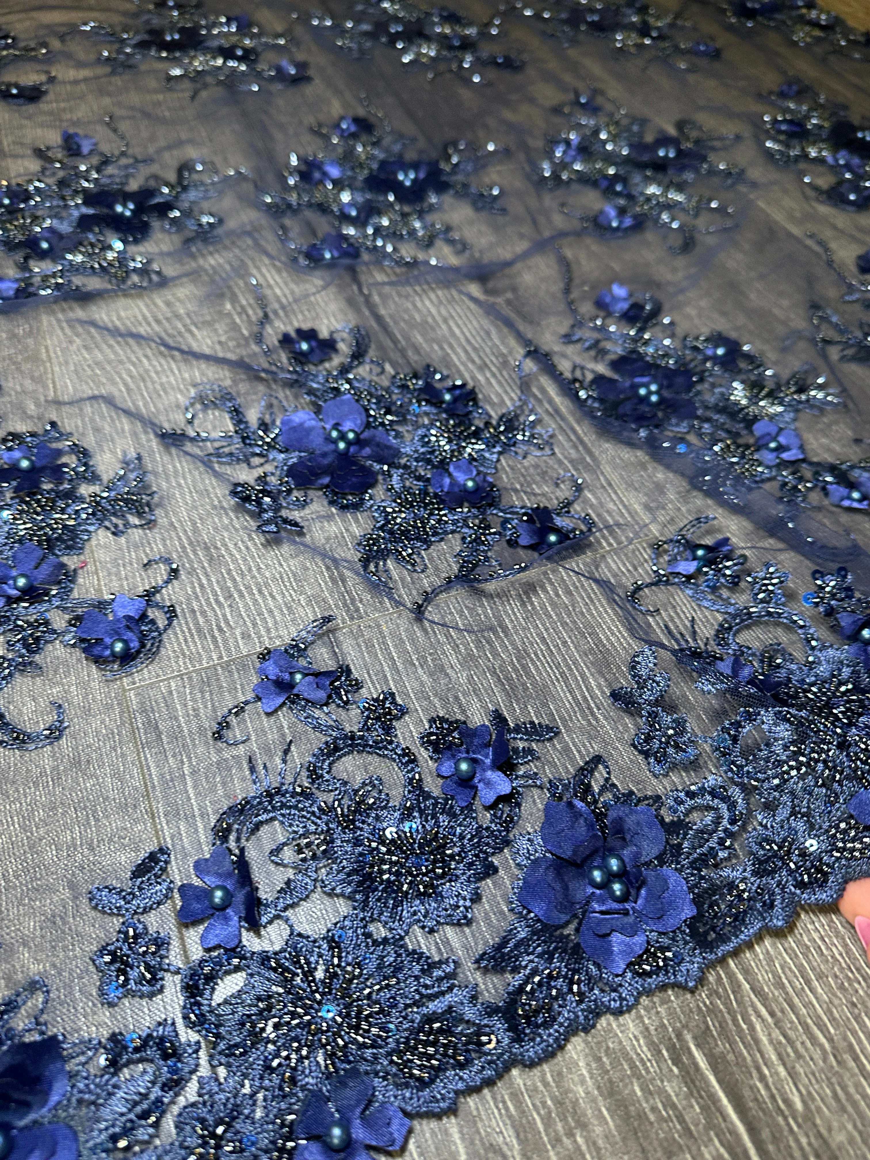 Navy 3D Floral Embroidered Beaded Tulle Lace - Image 4
