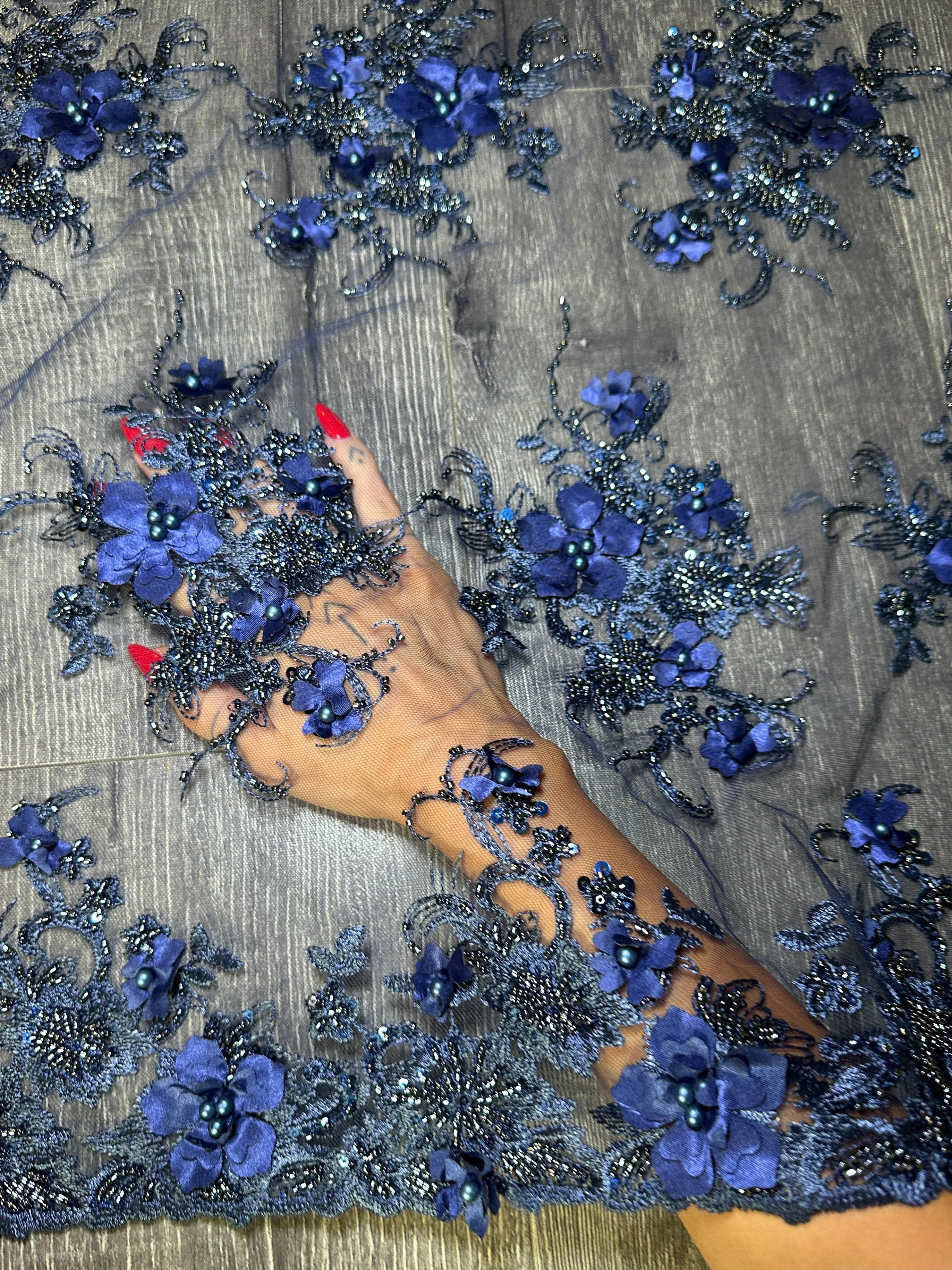 Navy 3D Floral Embroidered Beaded Tulle Lace - Image 6