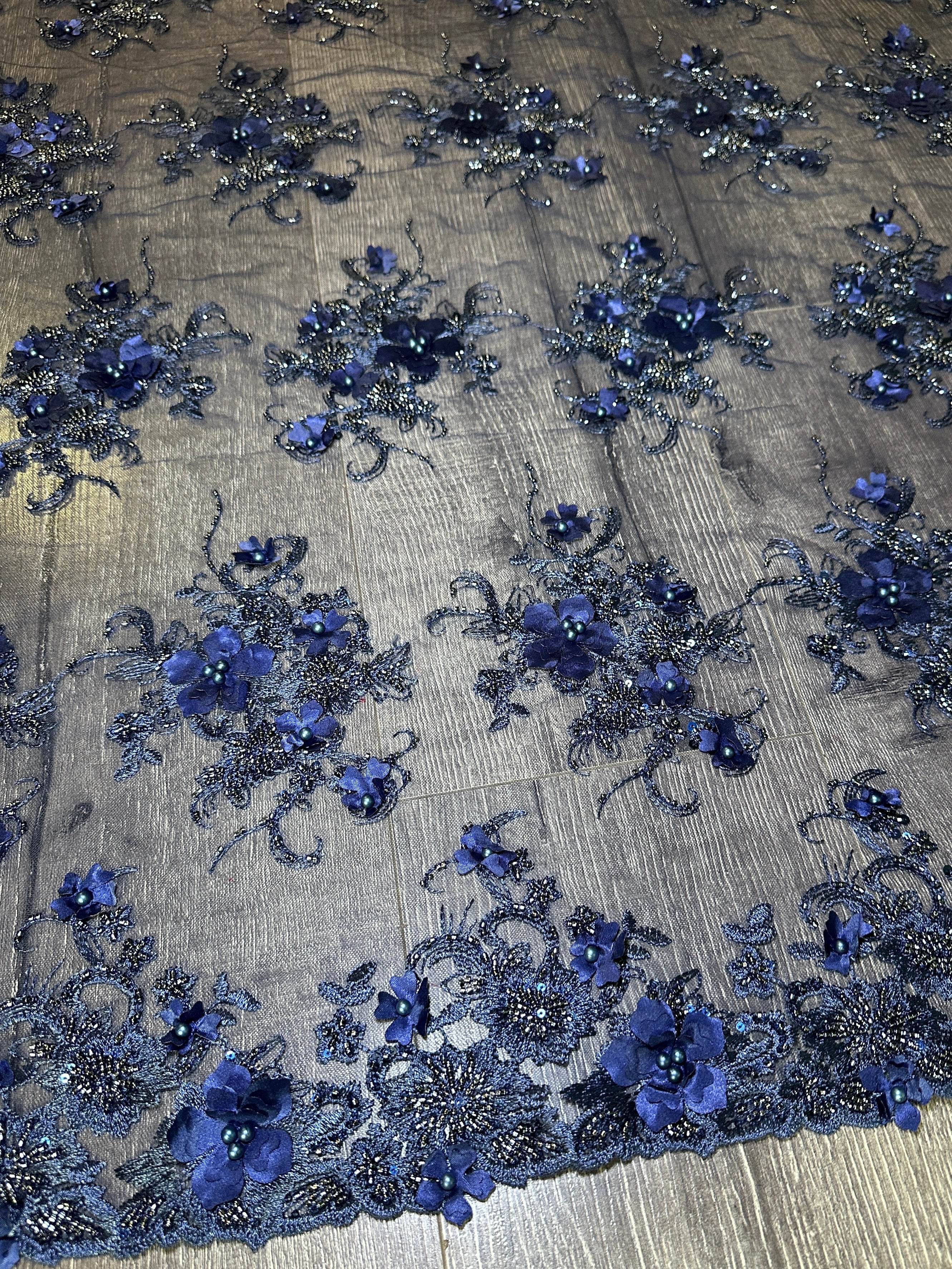 Navy 3D Floral Embroidered Beaded Tulle Lace - Image 7
