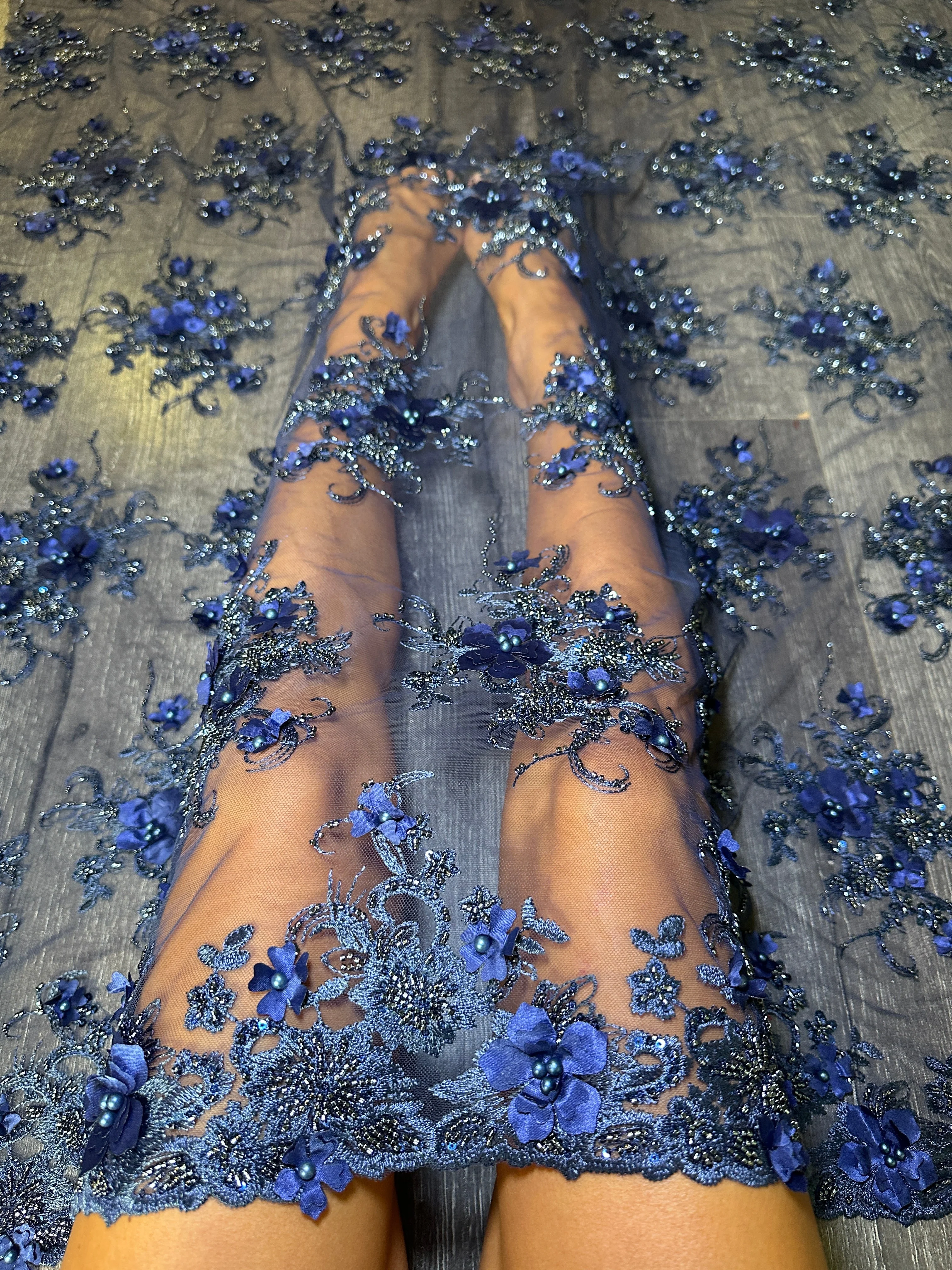 Navy 3D Floral Embroidered Beaded Tulle Lace - Image 8