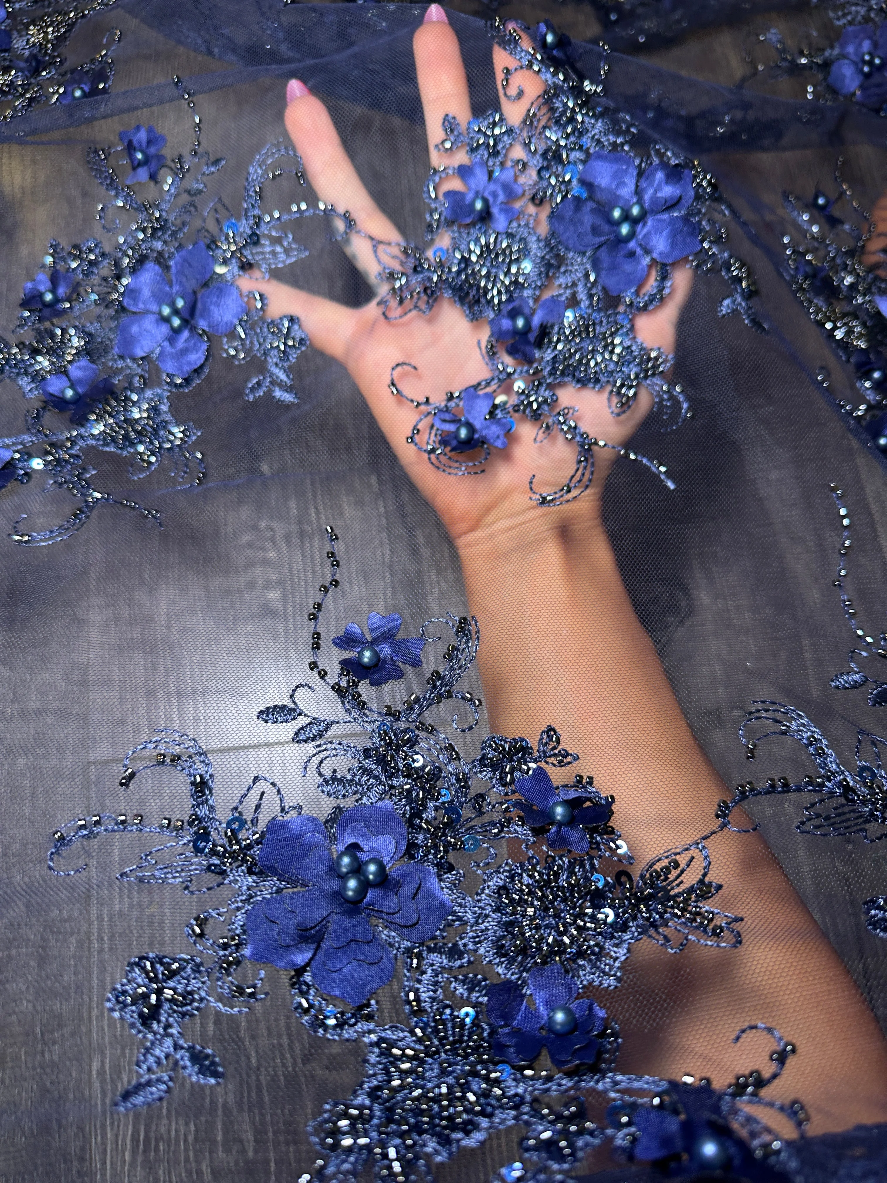 Navy 3D Floral Embroidered Beaded Tulle Lace - Image 9