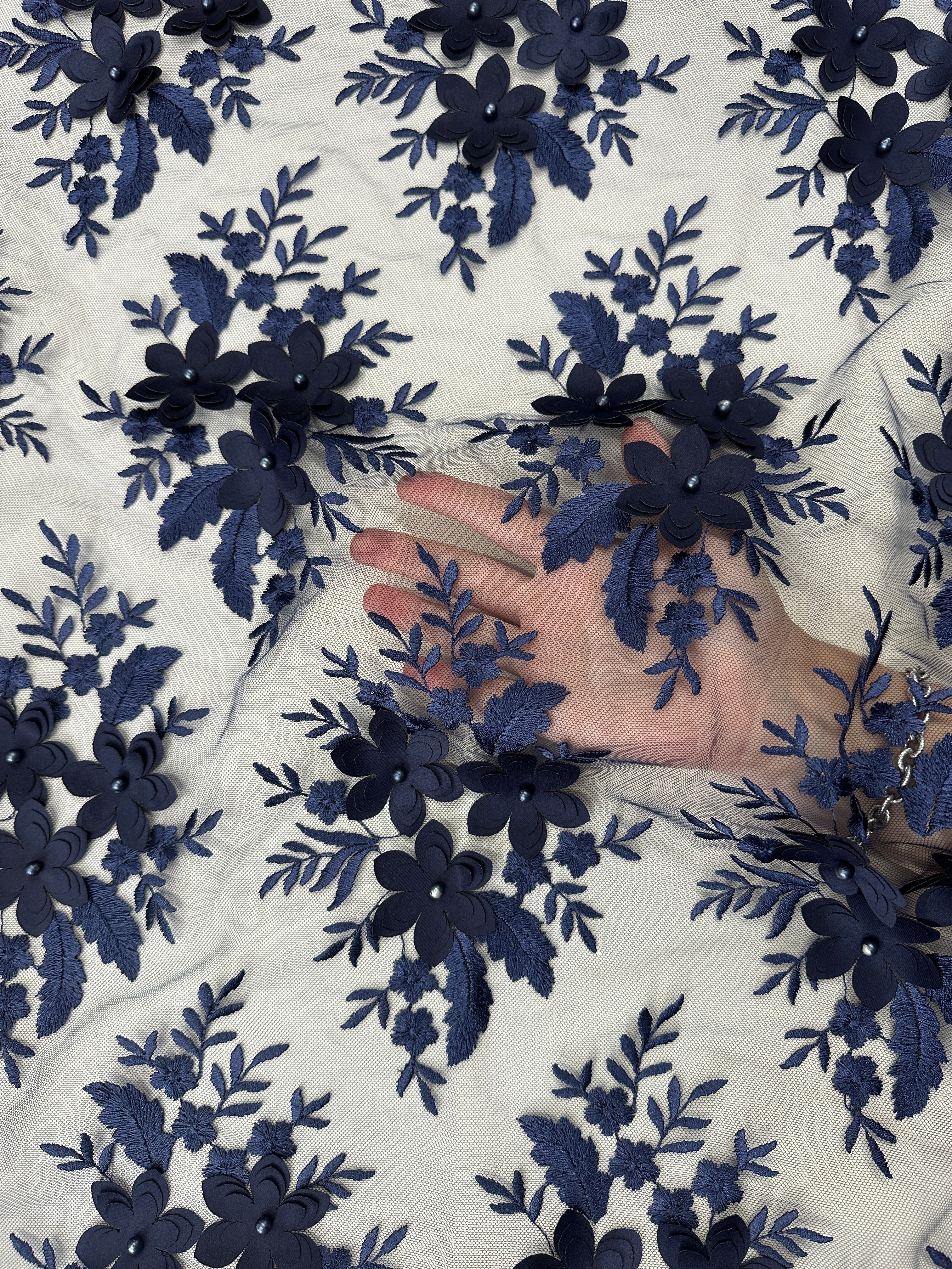 Navy 3D Flower Scalloped Mesh Lace