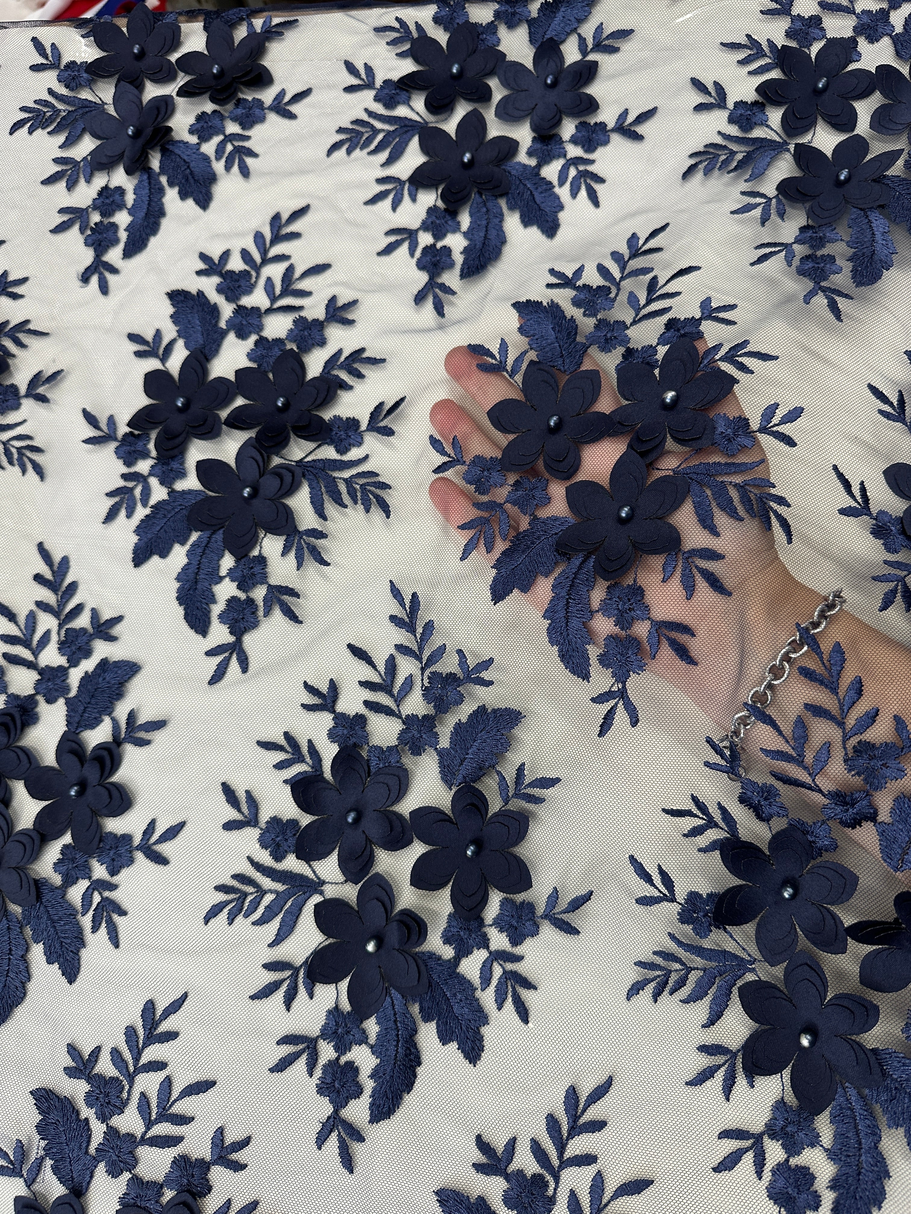 Navy 3D Flower Scalloped Mesh Lace - Image 2