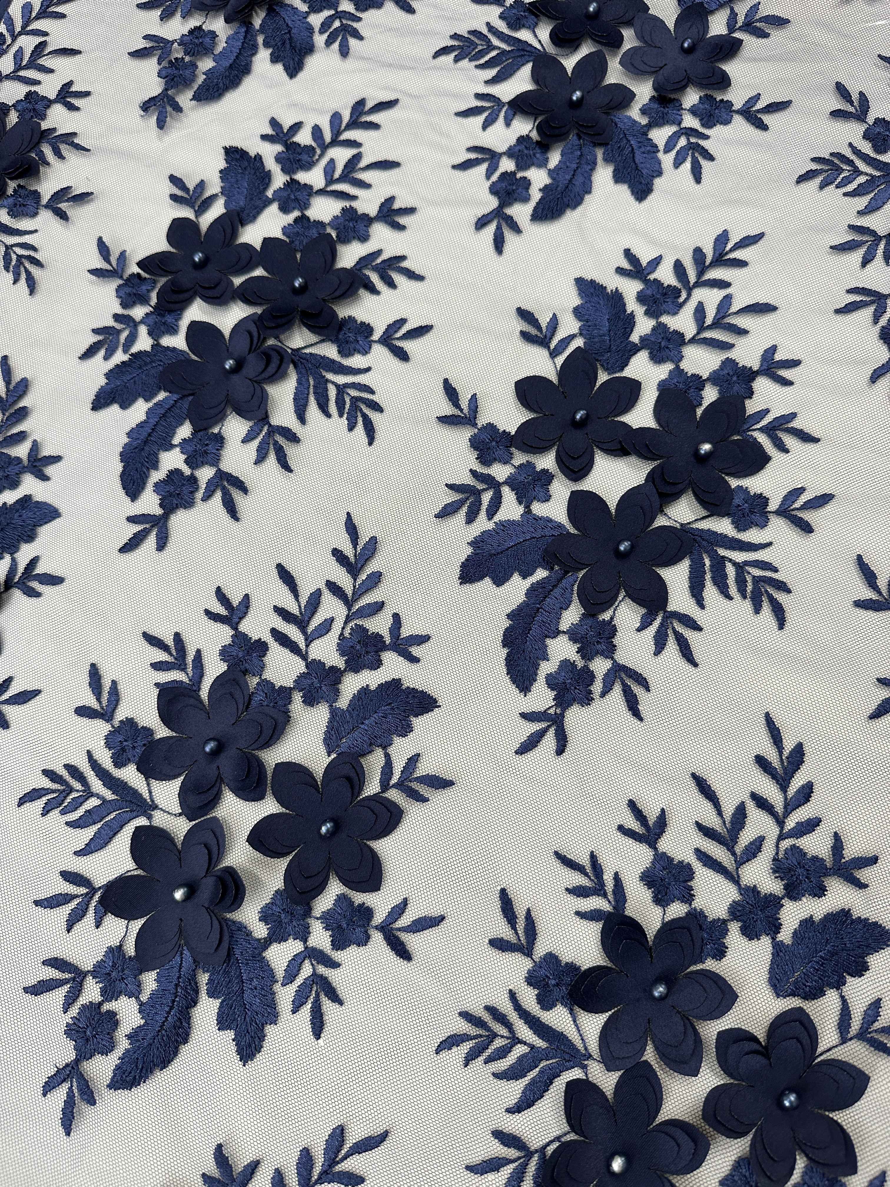 Navy 3D Flower Scalloped Mesh Lace - Image 3