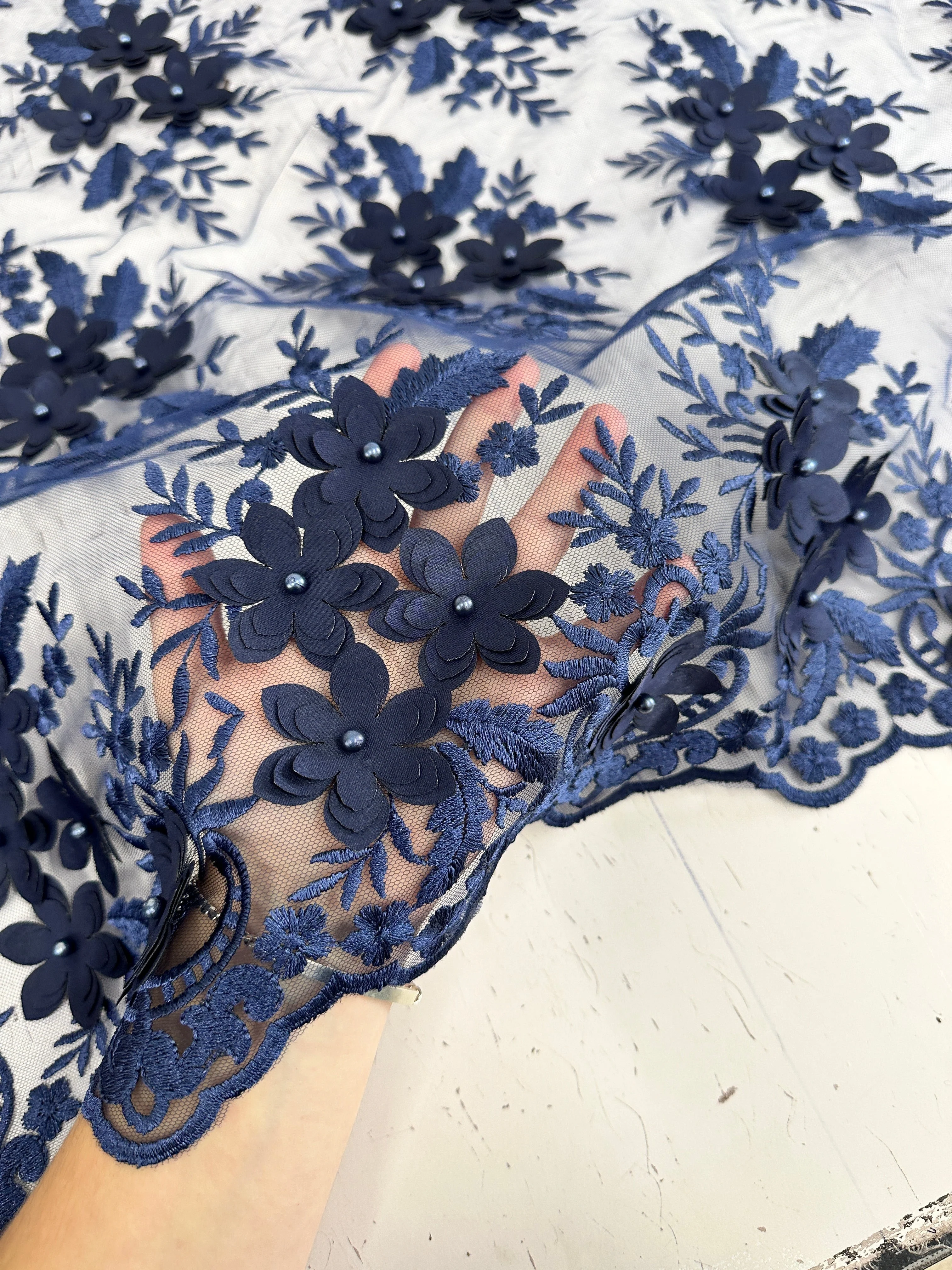 Navy 3D Flower Scalloped Mesh Lace - Image 4
