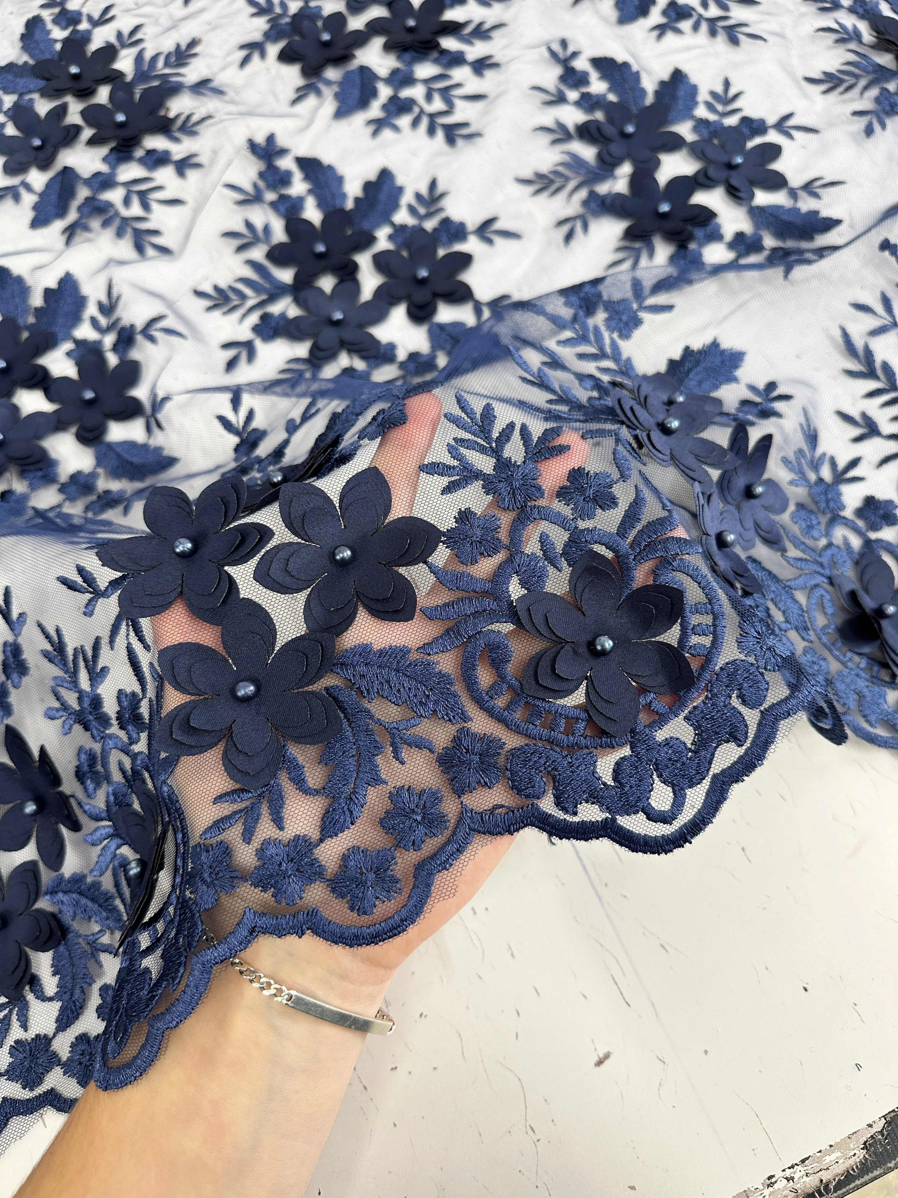 Navy 3D Flower Scalloped Mesh Lace - Image 5