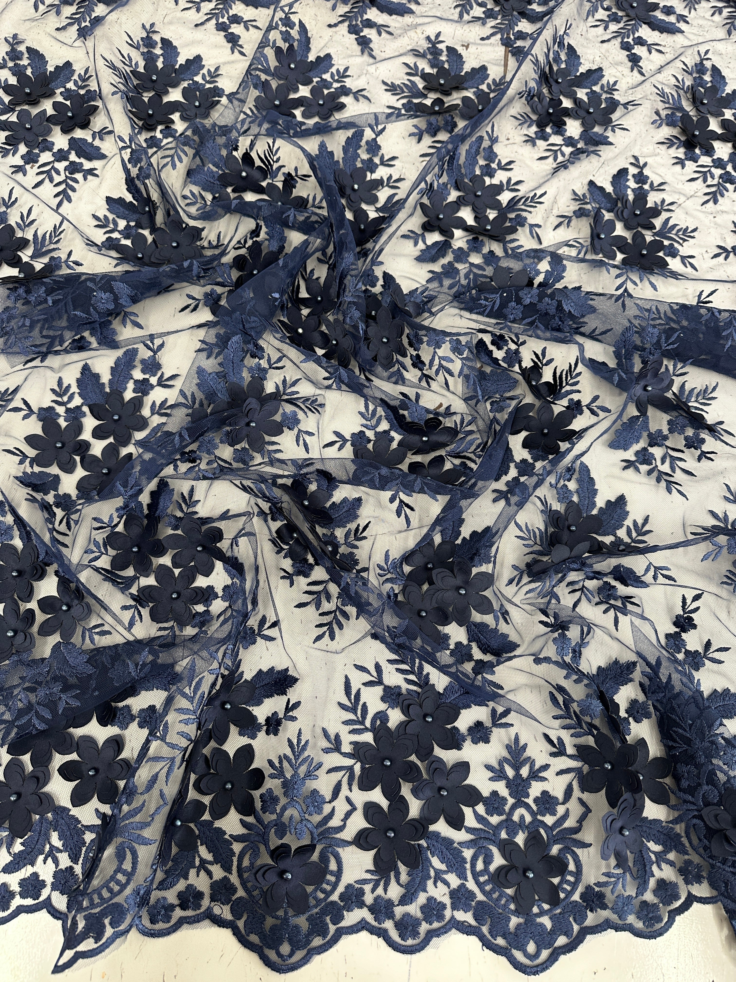 Navy 3D Flower Scalloped Mesh Lace - Image 6