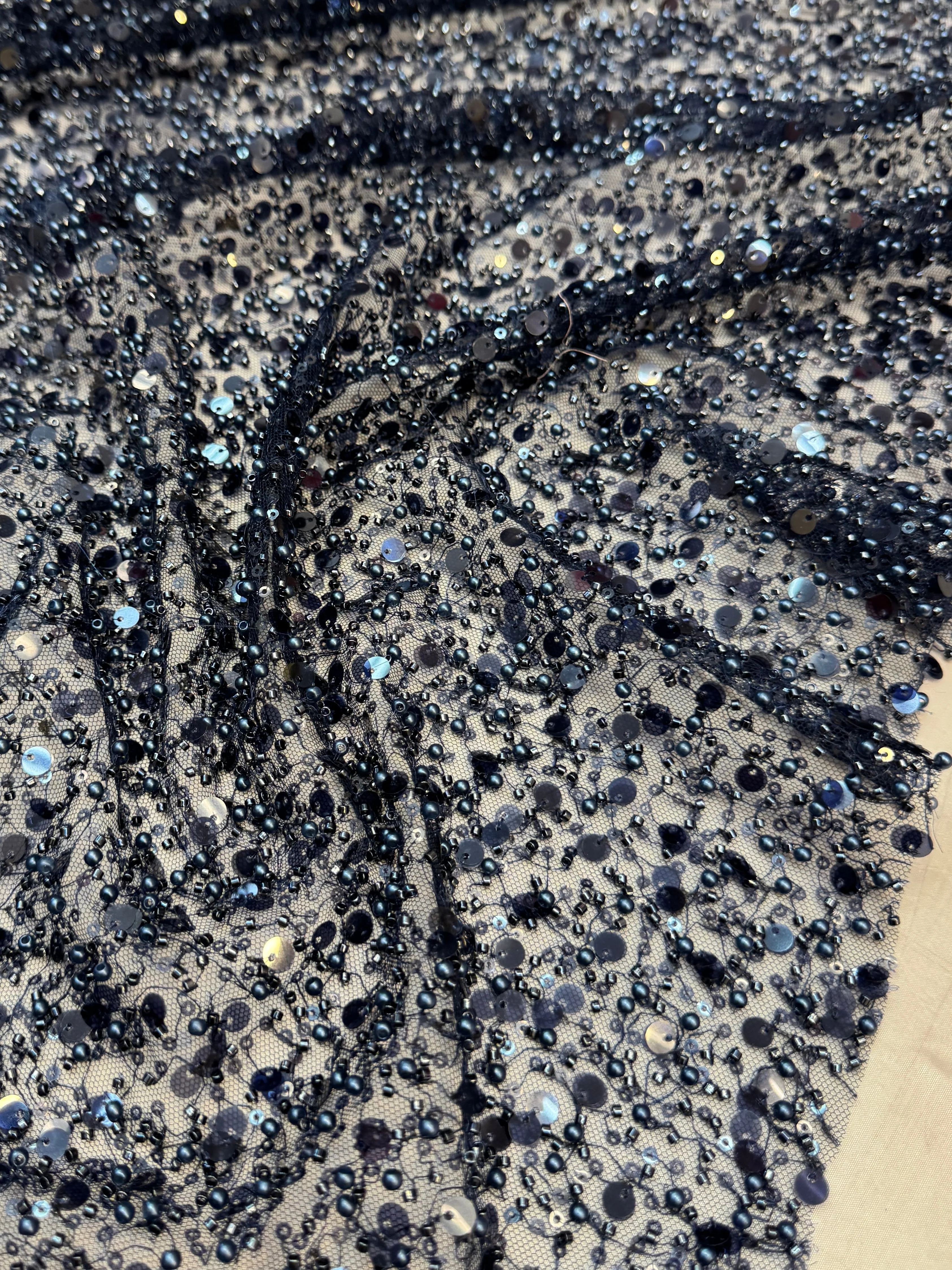 Navy Beaded Sequin Pearl Embroidered Mesh Lace - Image 2