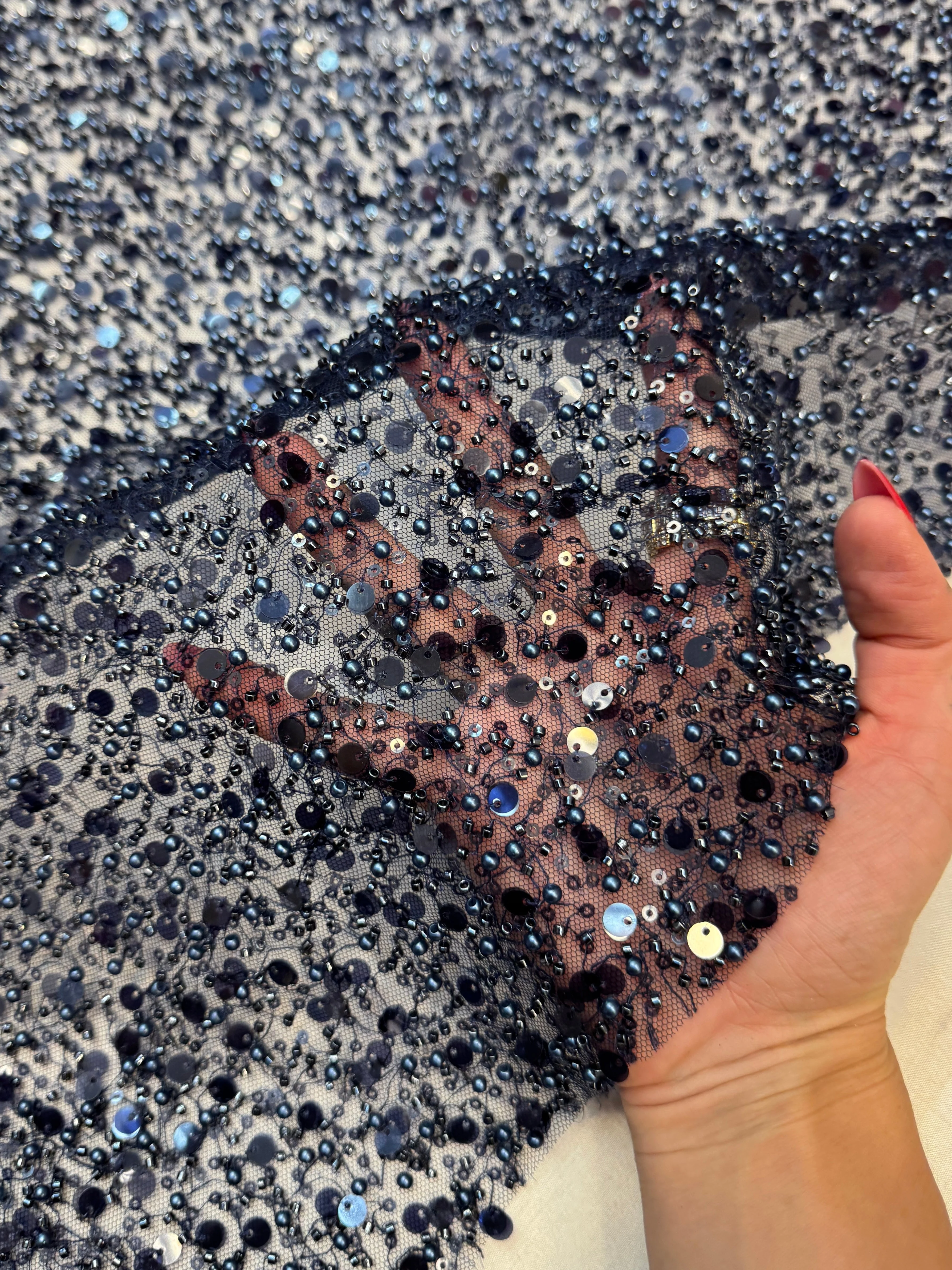 Navy Beaded Sequin Pearl Embroidered Mesh Lace - Image 4