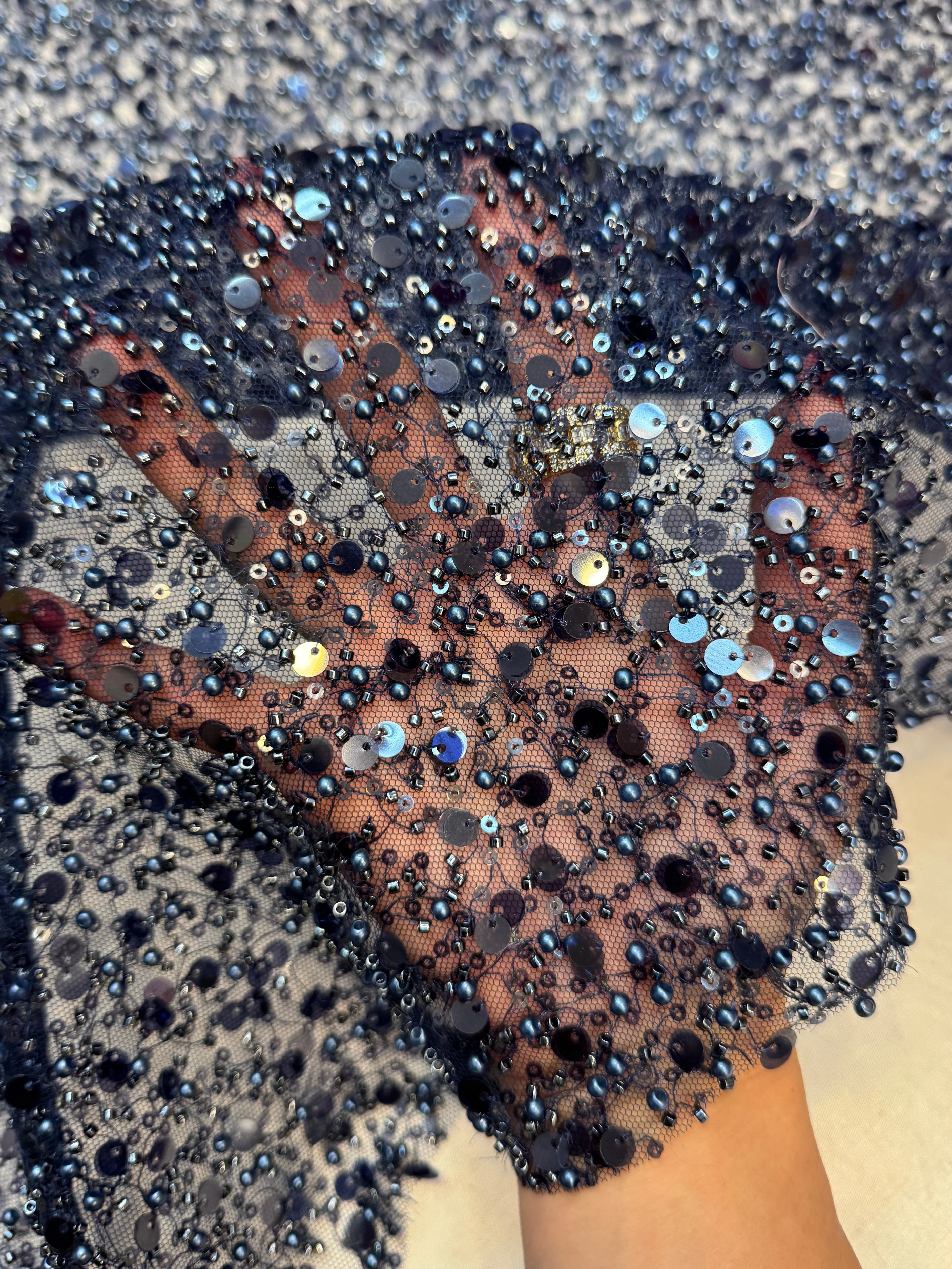 Navy Beaded Sequin Pearl Embroidered Mesh Lace - Image 5