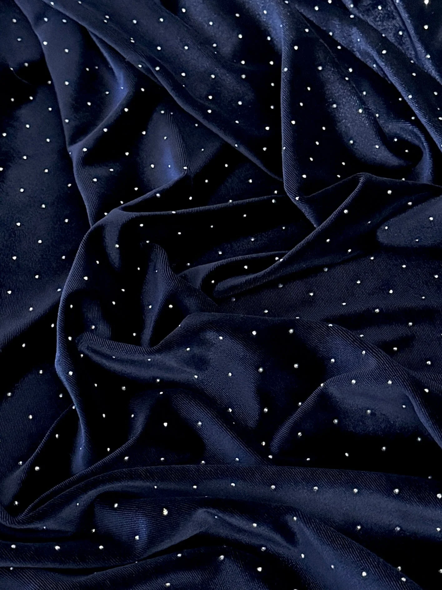 Navy Blue Stadust Rhinestone Beaded Stretch Velvet