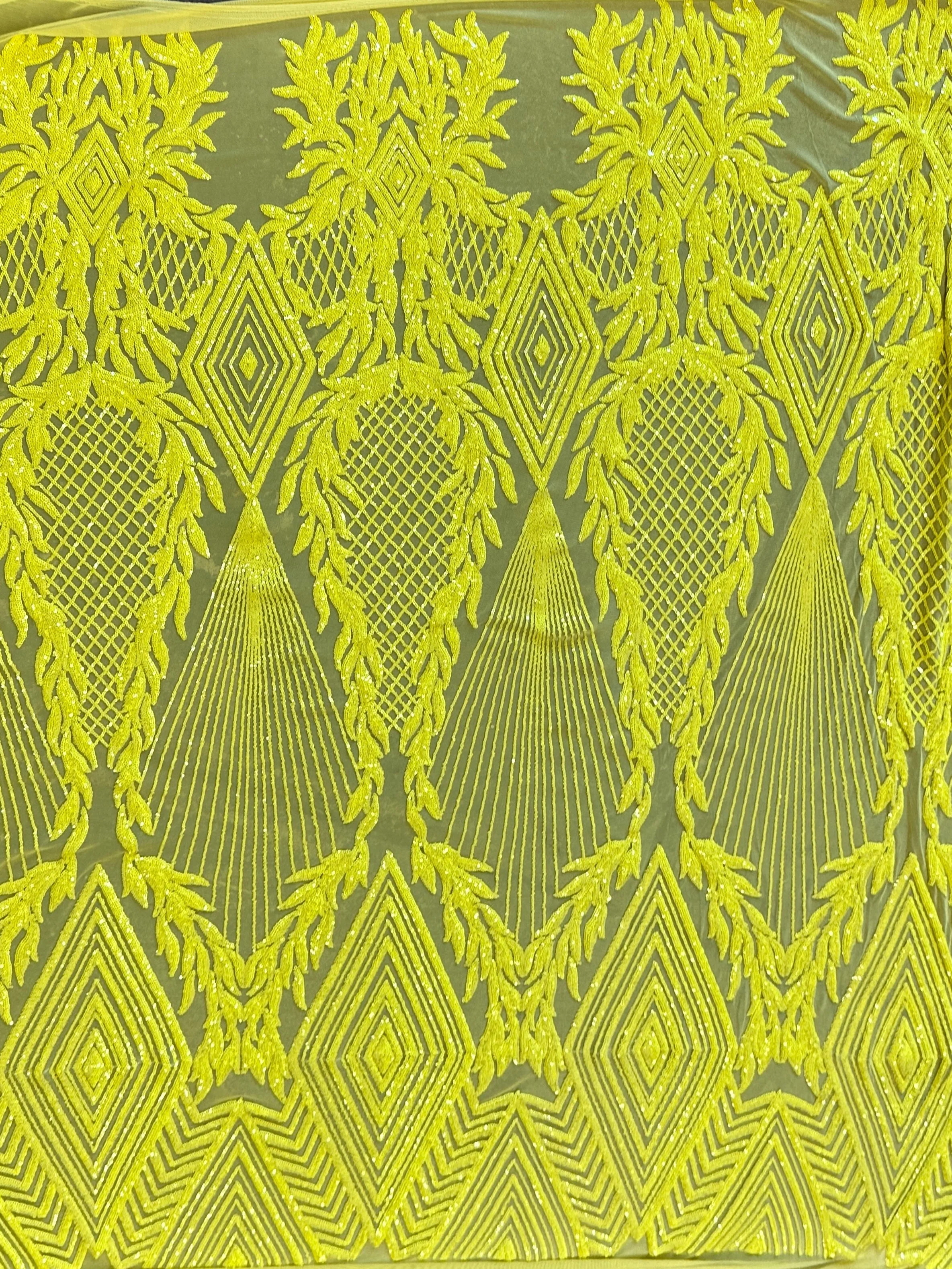 Neon Yellow Embroidered Curlicue Sequins on Mesh