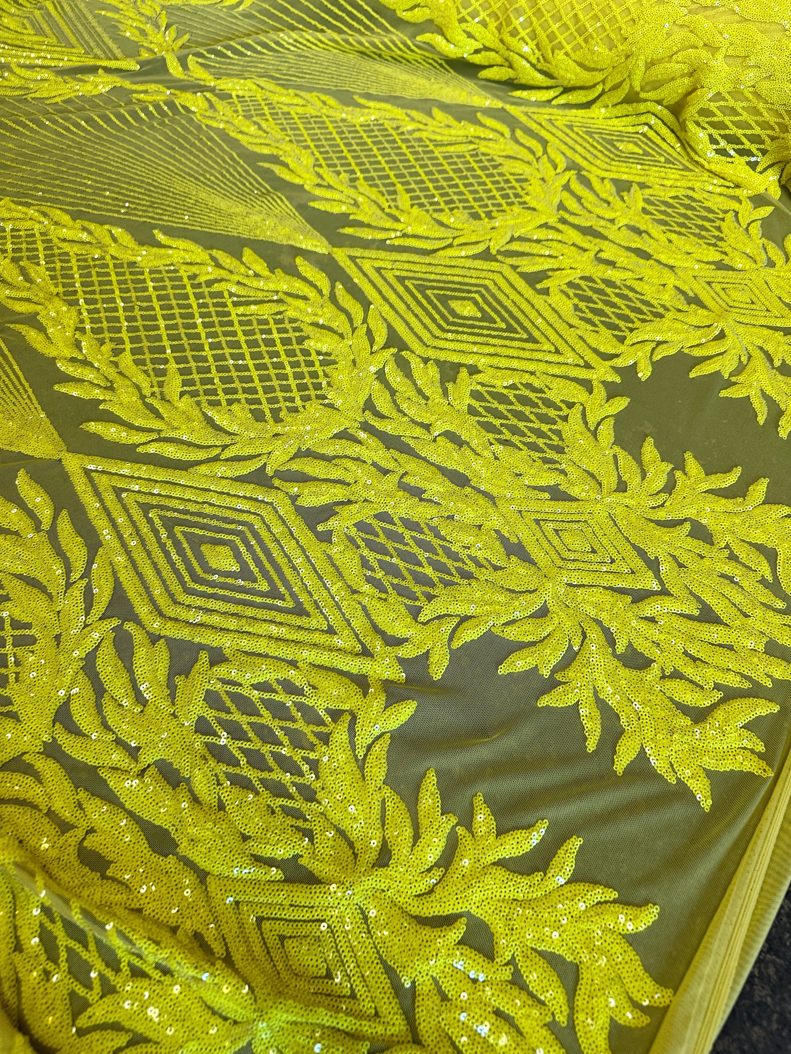 Neon Yellow Embroidered Curlicue Sequins on Mesh - Image 2