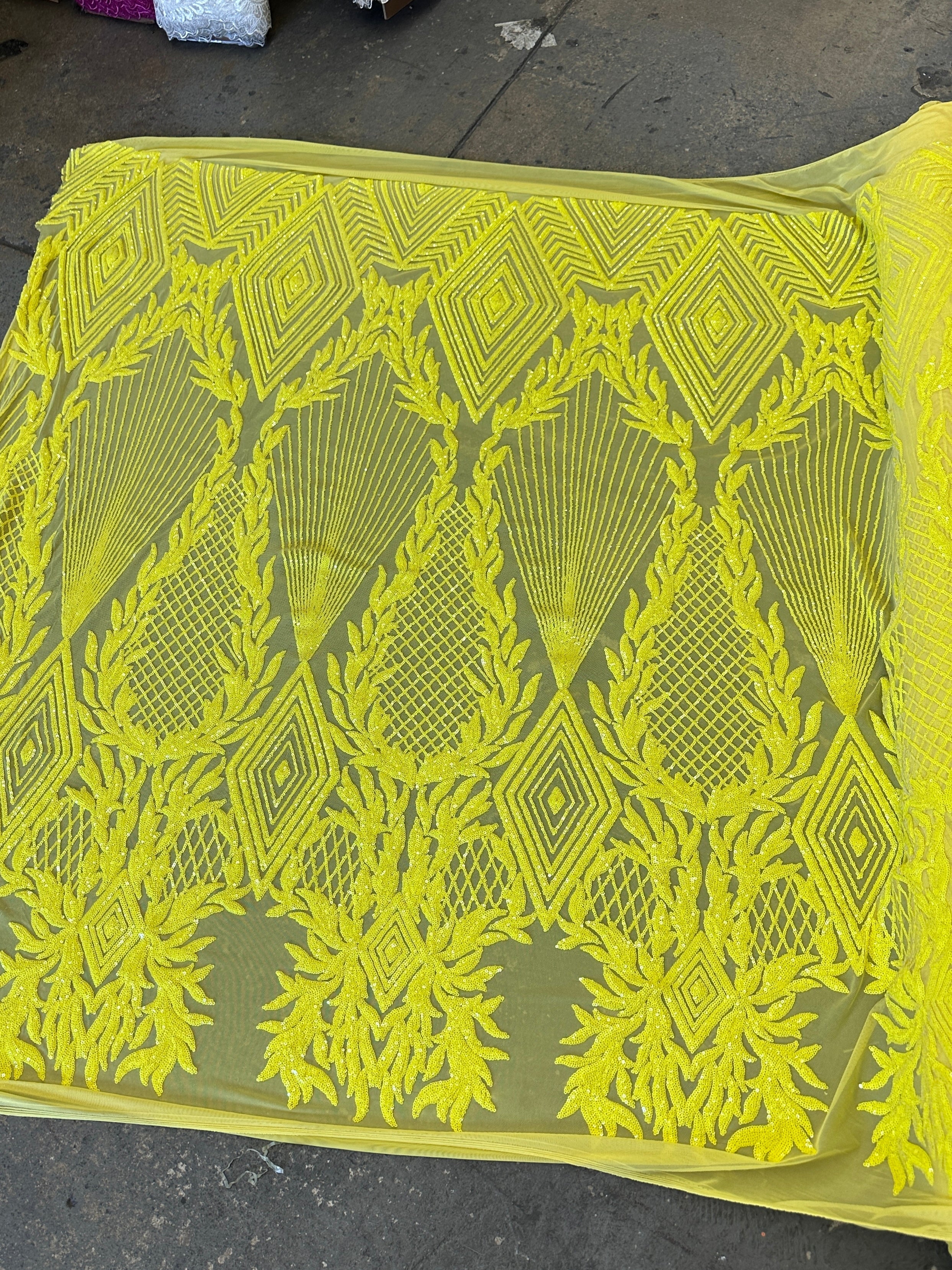 Neon Yellow Embroidered Curlicue Sequins on Mesh - Image 3