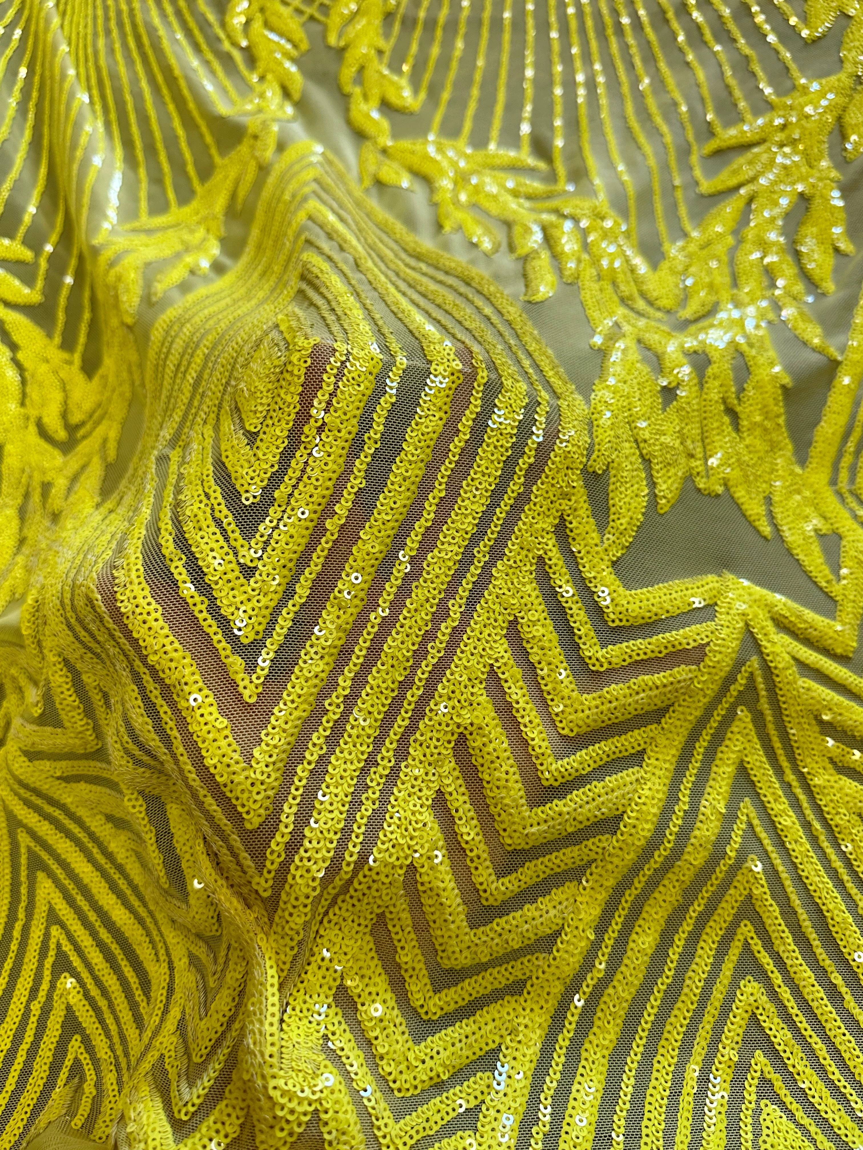 Neon Yellow Embroidered Curlicue Sequins on Mesh - Image 4