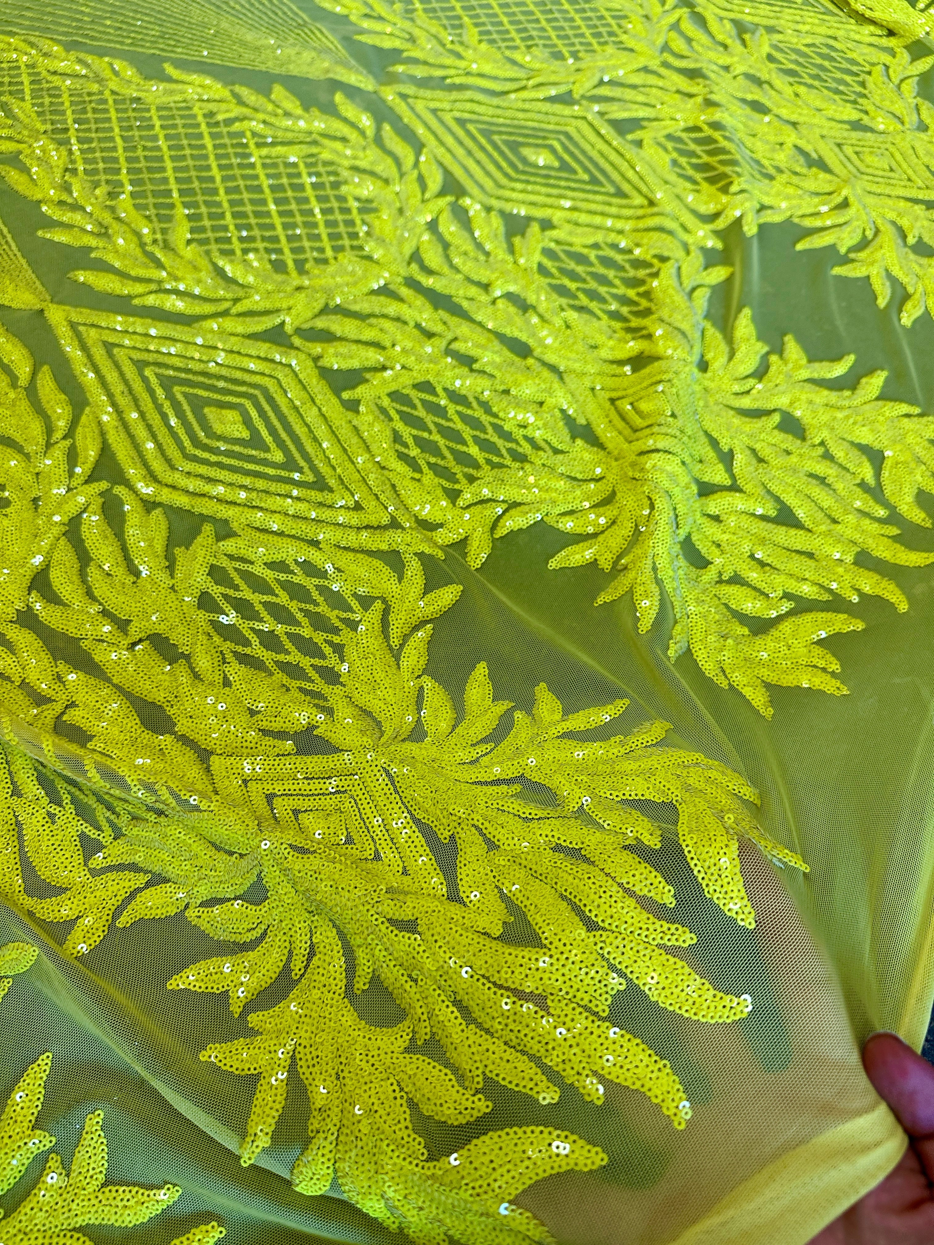 Neon Yellow Embroidered Curlicue Sequins on Mesh - Image 5