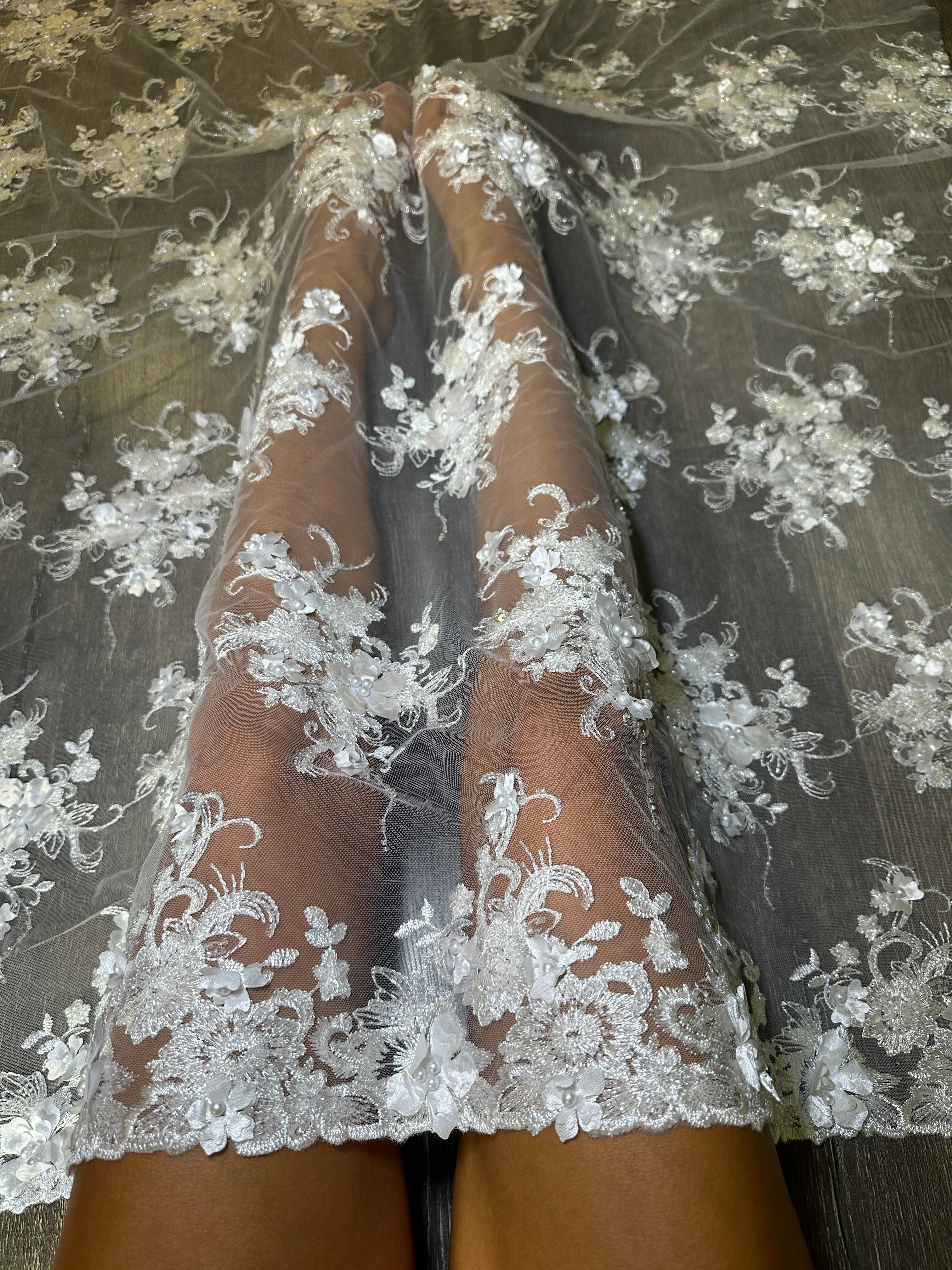 Off White 3D Floral Embroidered Beaded Tulle Lace