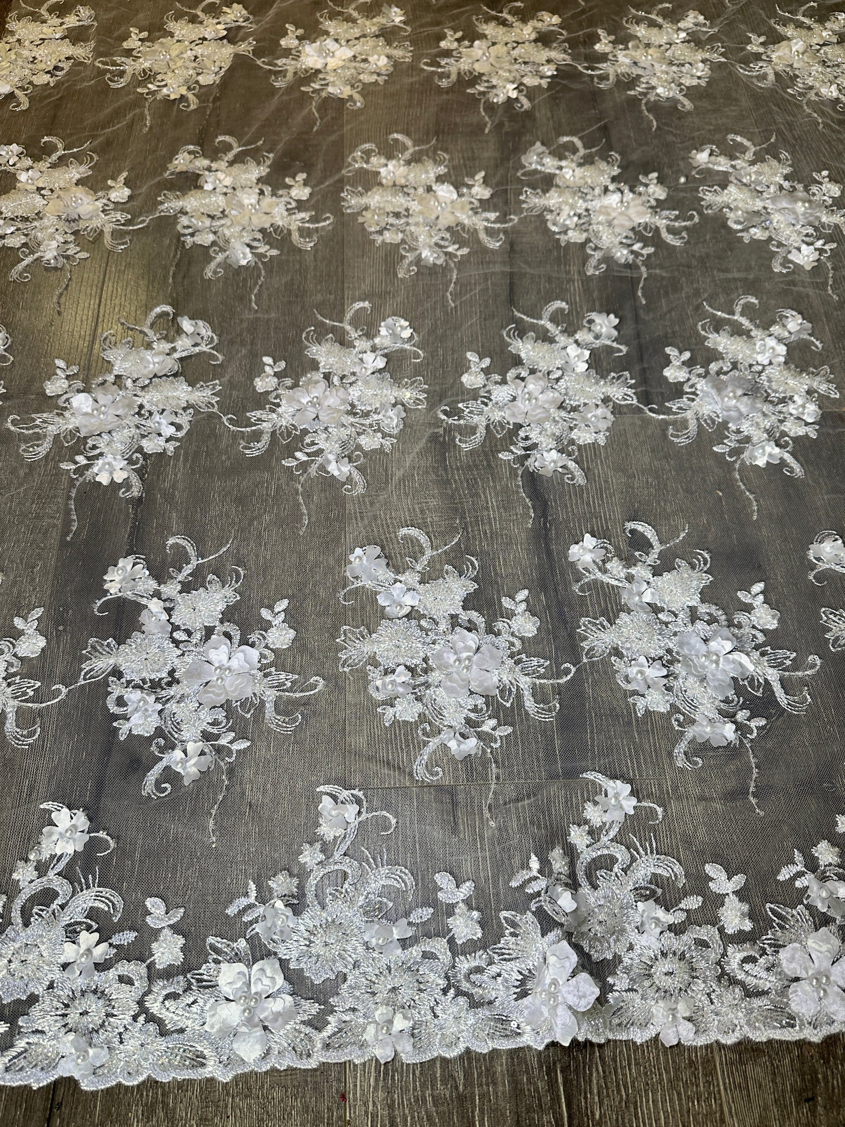 Off White 3D Floral Embroidered Beaded Tulle Lace - Image 2