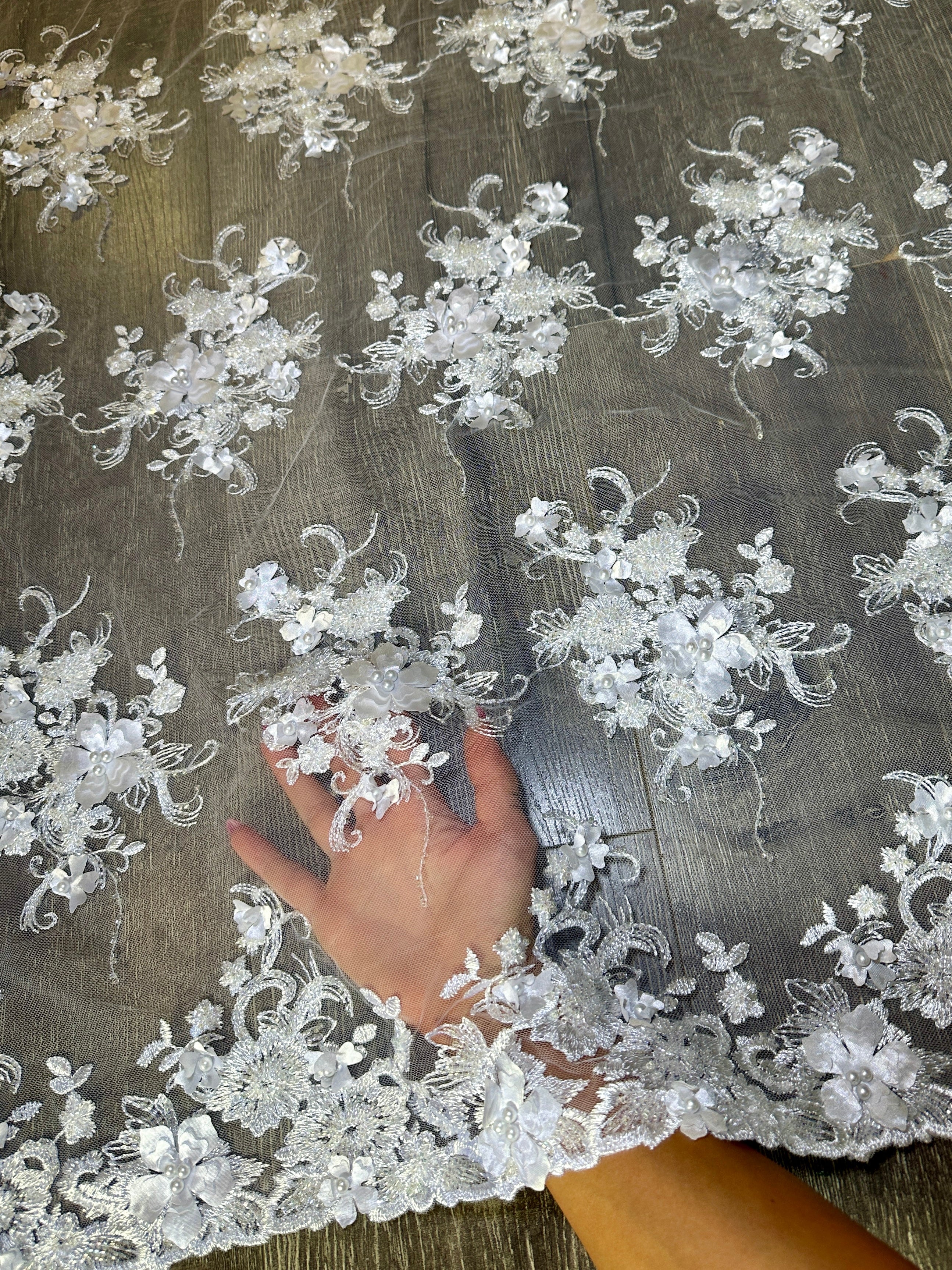 Off White 3D Floral Embroidered Beaded Tulle Lace - Image 3