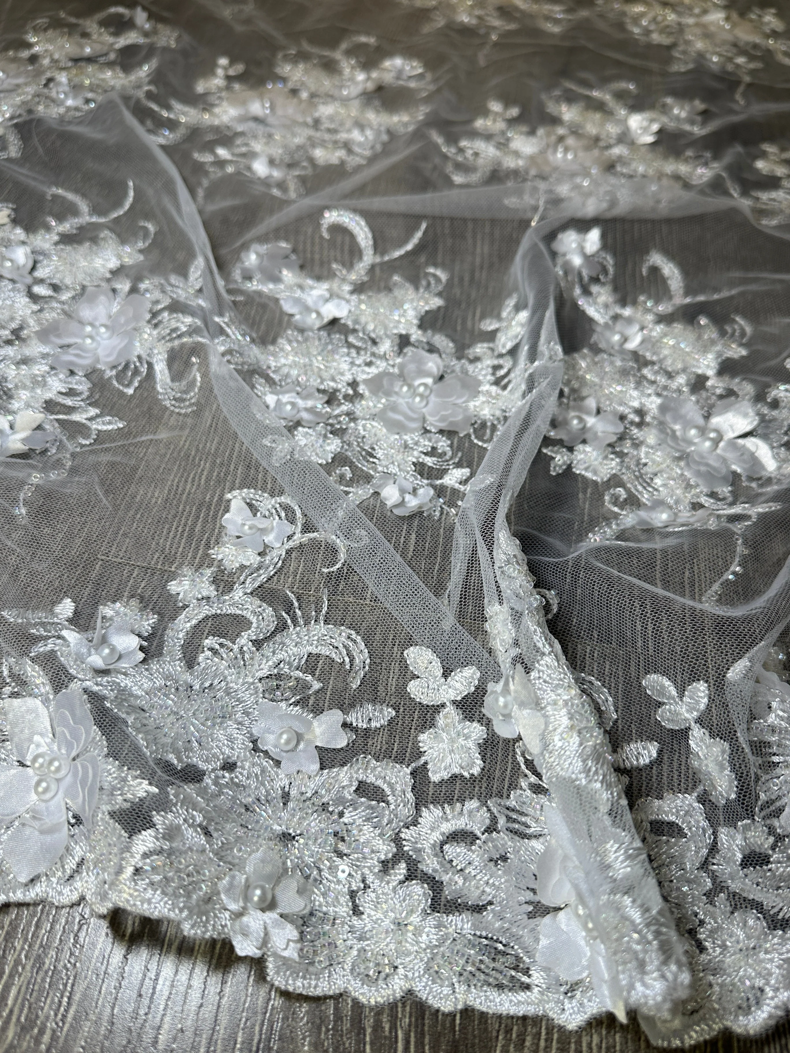 Off White 3D Floral Embroidered Beaded Tulle Lace - Image 4