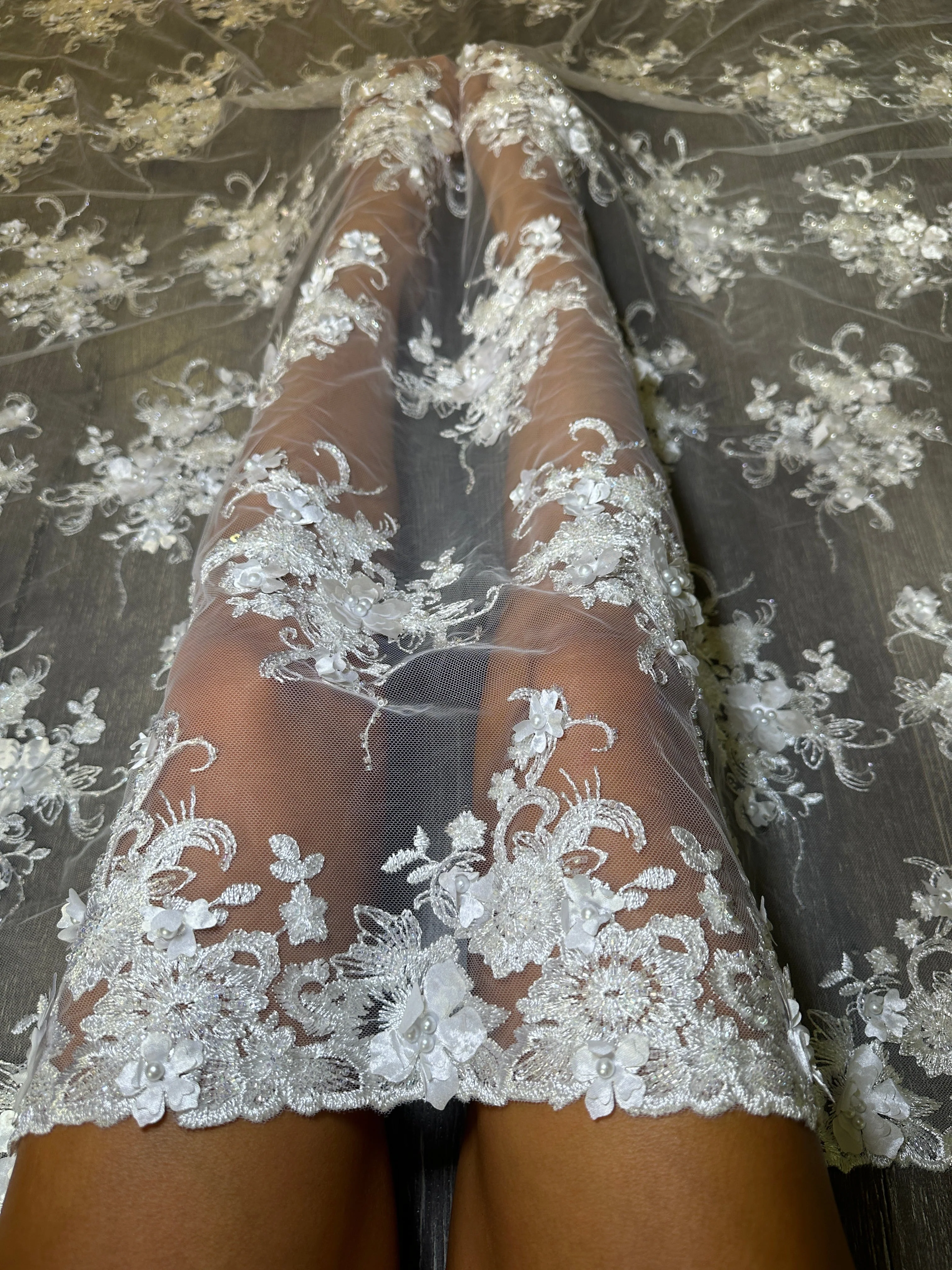 Off White 3D Floral Embroidered Beaded Tulle Lace - Image 5