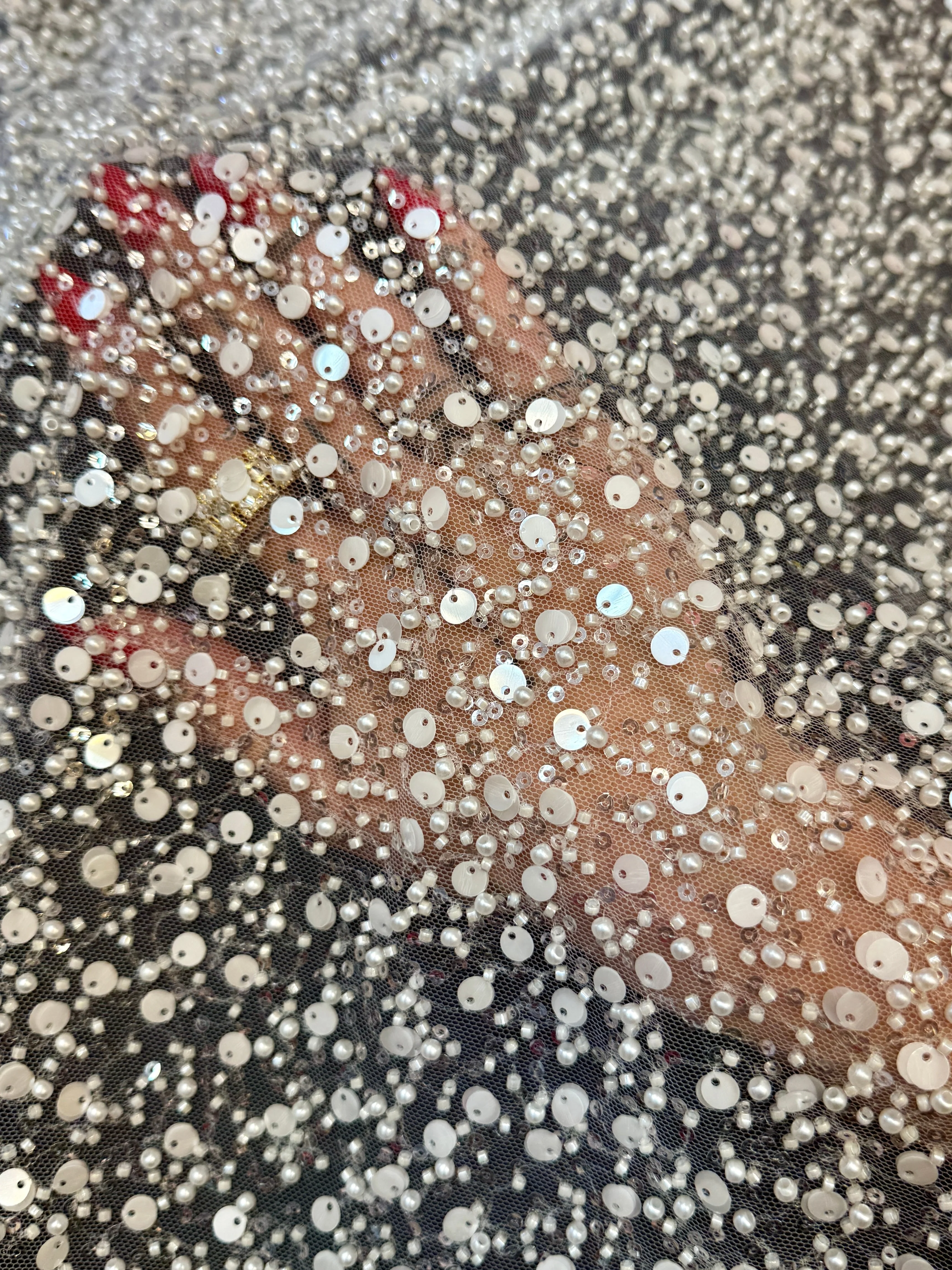 Off White Beaded Sequin Pearl Embroidered Mesh Lace