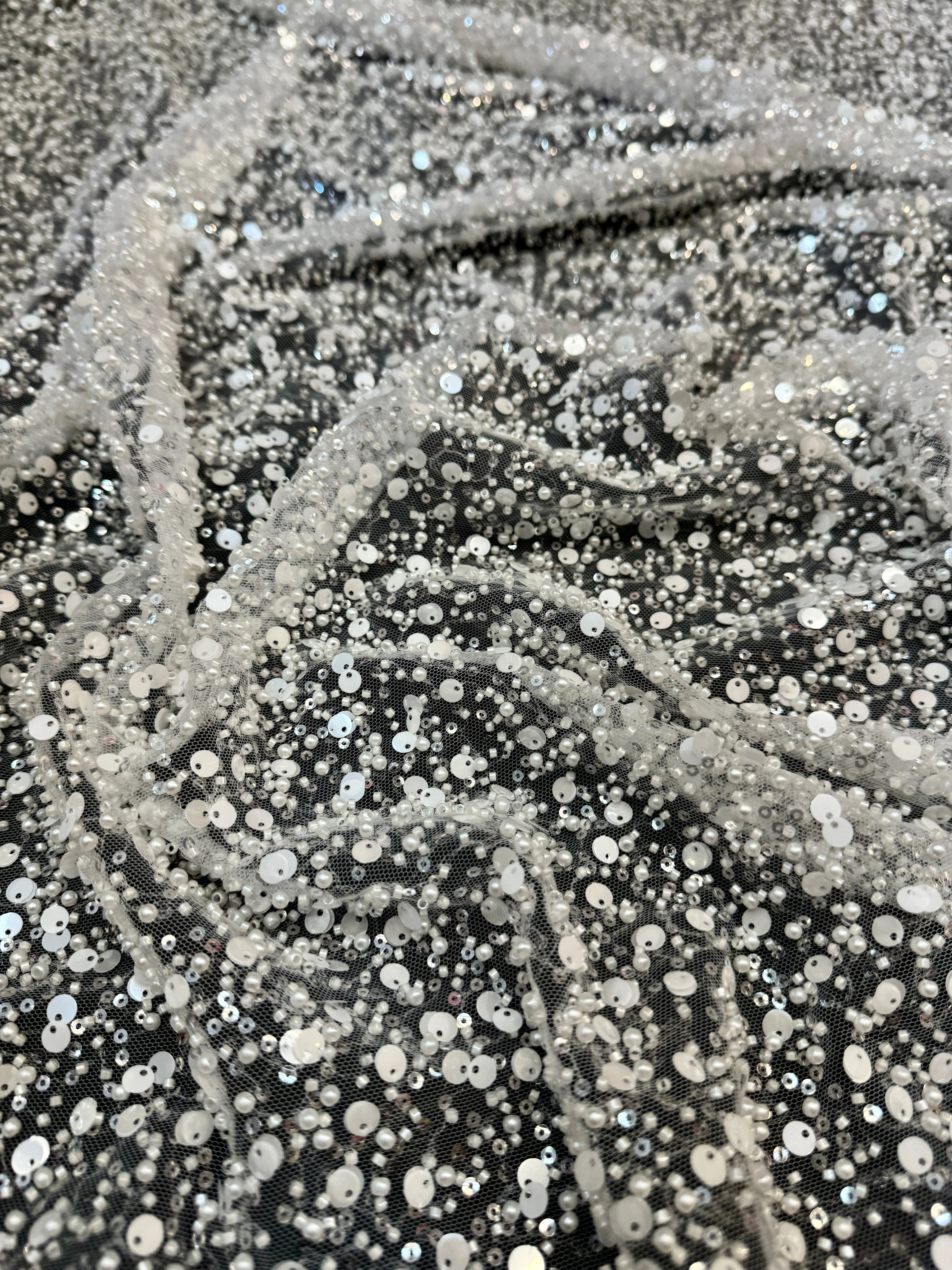 Off White Beaded Sequin Pearl Embroidered Mesh Lace - Image 2